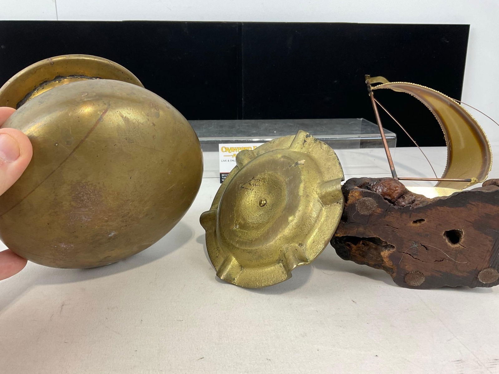 Brass Ship Figure on wood base, Ashtray w/ Ship figure, & Solid Brass Vase w/Rocks inside - 5