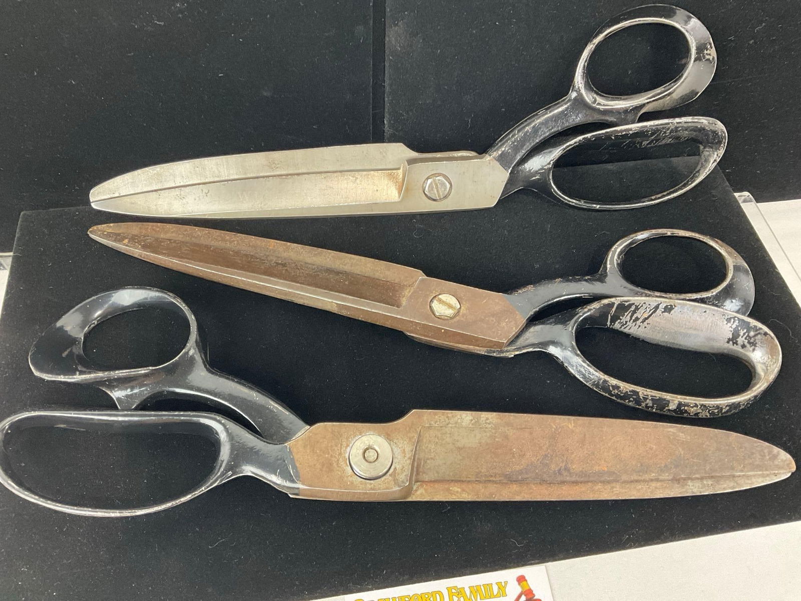 Set of 3 Antique Shears/Scissors, Wiss inlaid 22W, 12h x 5w x 4d inches - 2