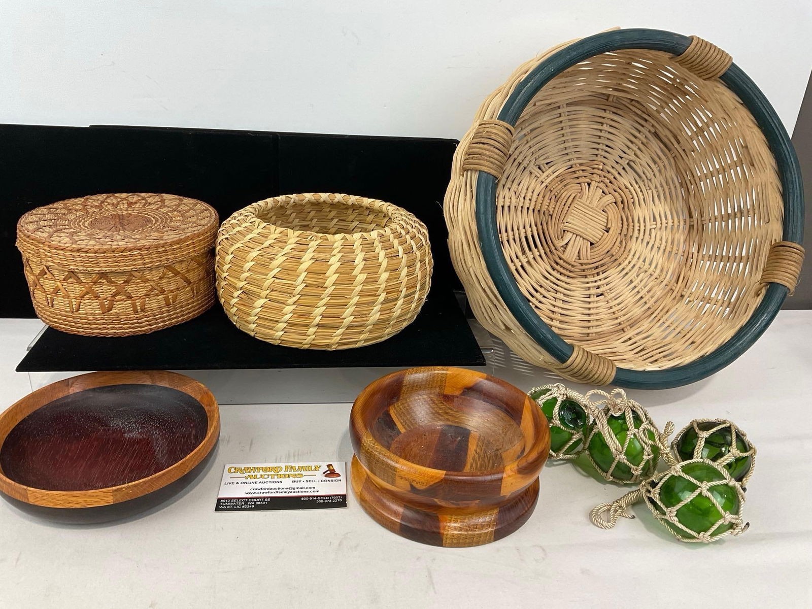 3 Baskets, 2 handmade & 2 Turned Wood Bowls, 4 Mini Japanese Glass Floats w/Knotted Rope Holders (1 of 4)