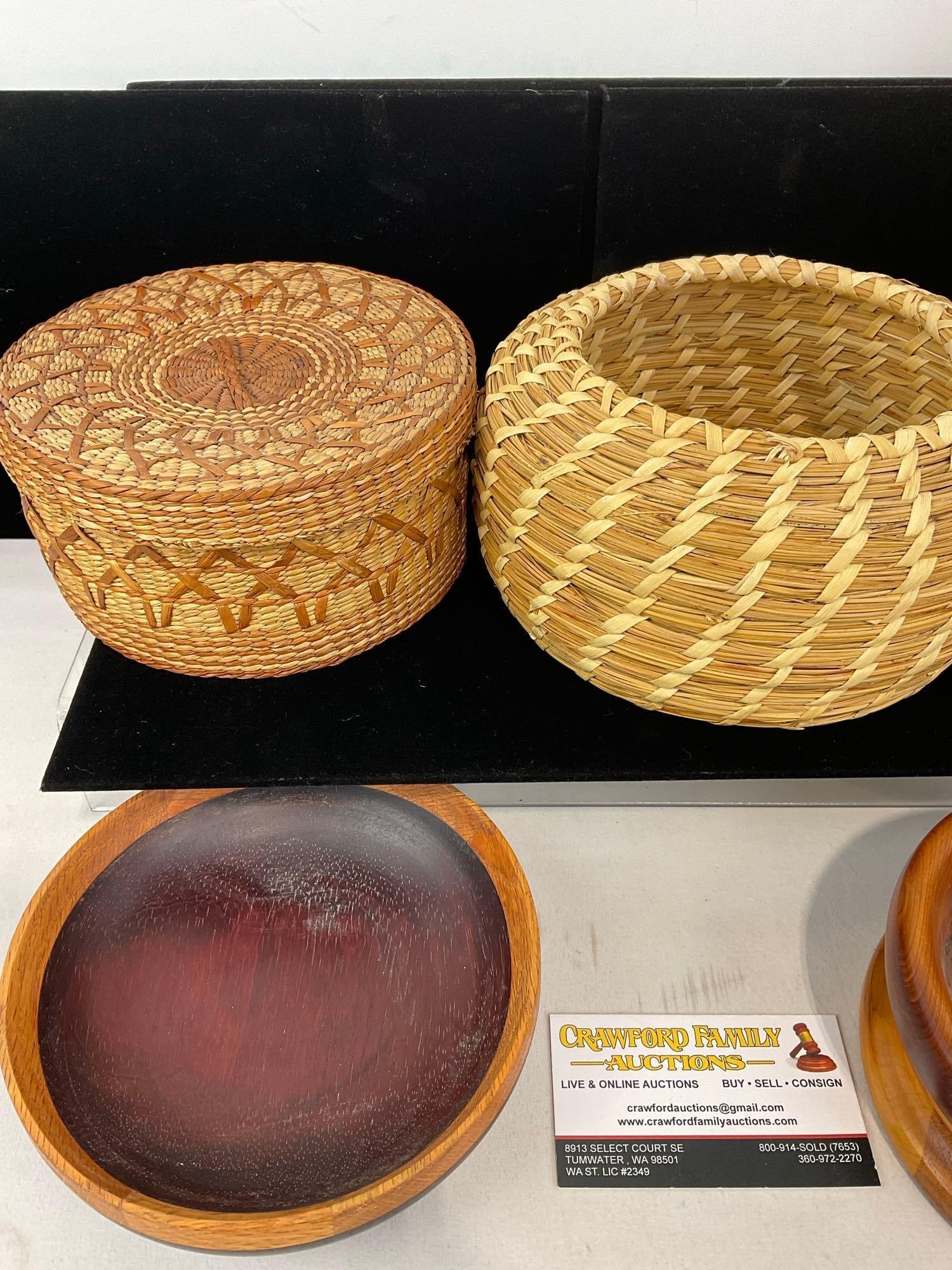 3 Baskets, 2 handmade & 2 Turned Wood Bowls, 4 Mini Japanese Glass Floats w/Knotted Rope Holders - 2