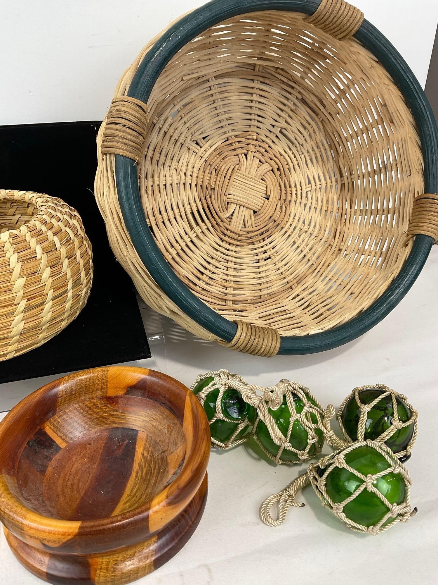 3 Baskets, 2 handmade & 2 Turned Wood Bowls, 4 Mini Japanese Glass Floats w/Knotted Rope Holders - 3