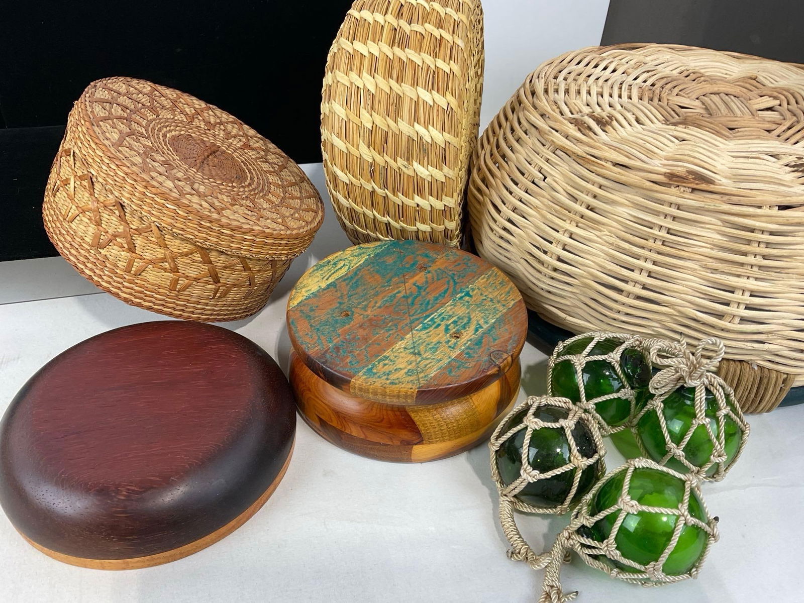 3 Baskets, 2 handmade & 2 Turned Wood Bowls, 4 Mini Japanese Glass Floats w/Knotted Rope Holders - 4