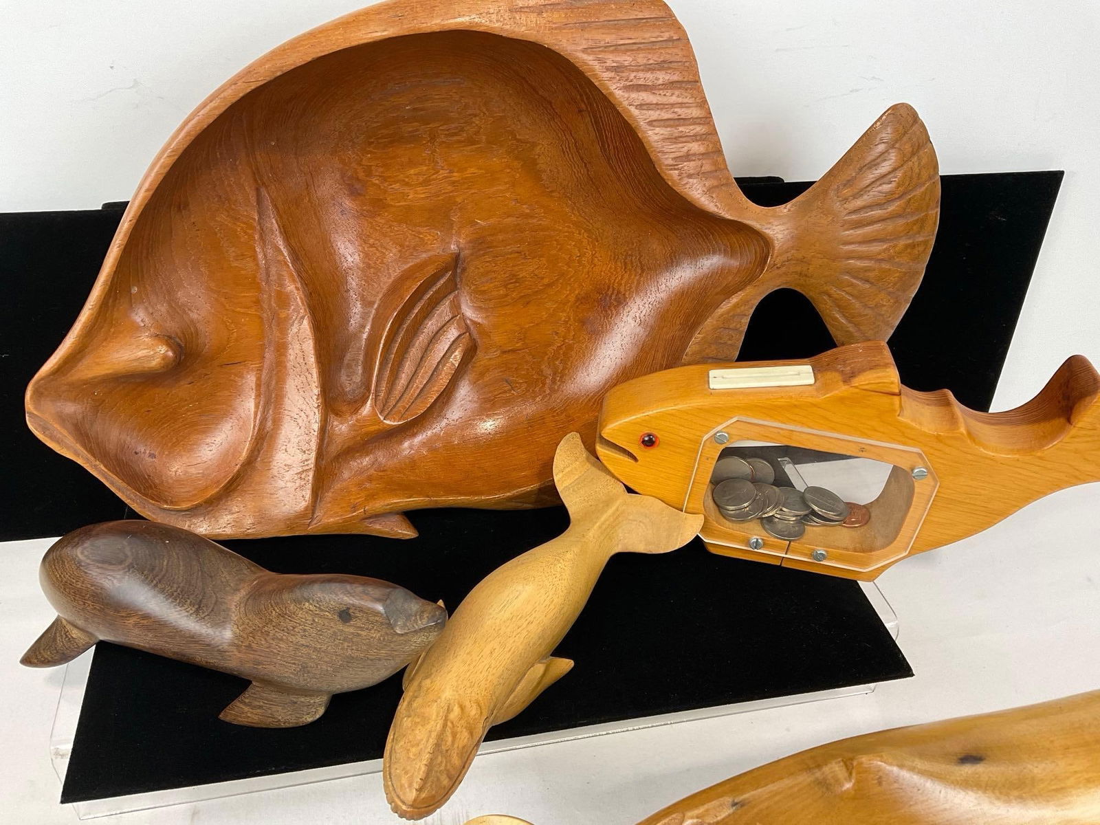 Wooden Carved Whales, Seal, Flounder Serving Bowl & Coin Bank Salmon piece, all together 9x19x11 in - 2