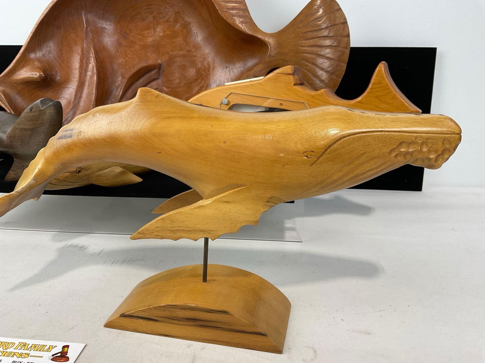 Wooden Carved Whales, Seal, Flounder Serving Bowl & Coin Bank Salmon piece, all together 9x19x11 in - 3