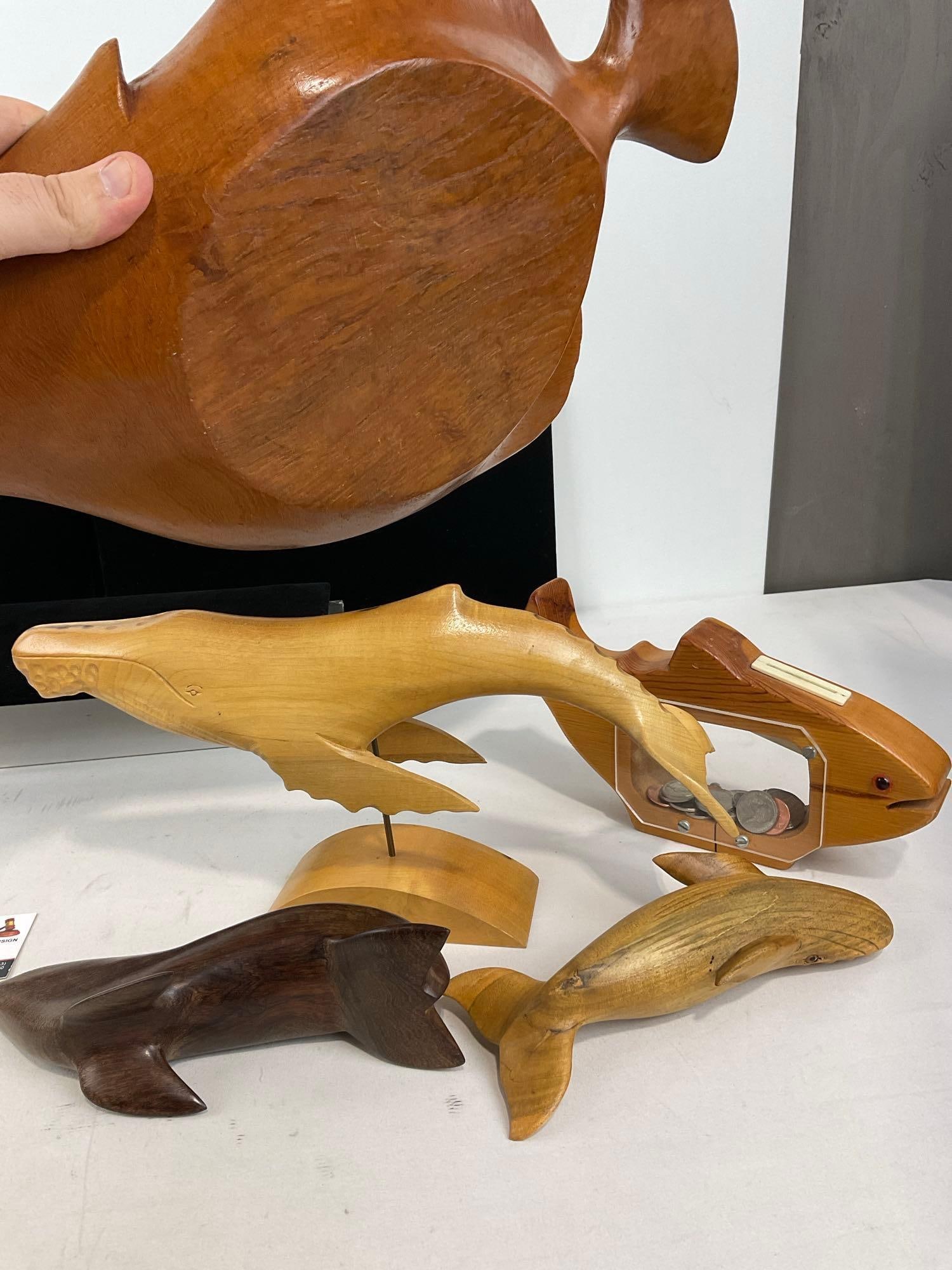 Wooden Carved Whales, Seal, Flounder Serving Bowl & Coin Bank Salmon piece, all together 9x19x11 in - 4
