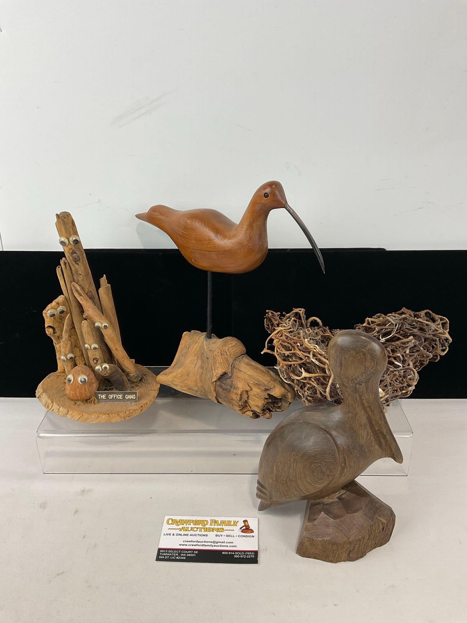 Handcarved Decor pieces, Seagull on base, Pelican, Root clump, Office Gang 7h x 13w x 10d inches (1 of 4)