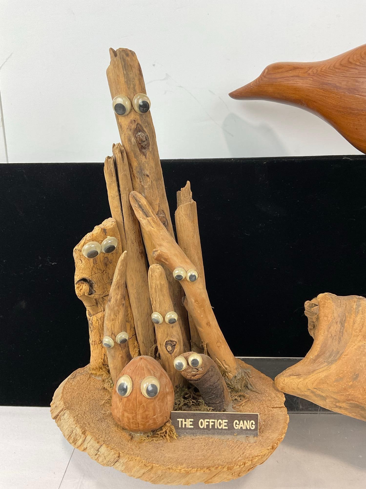 Handcarved Decor pieces, Seagull on base, Pelican, Root clump, Office Gang 7h x 13w x 10d inches - 2