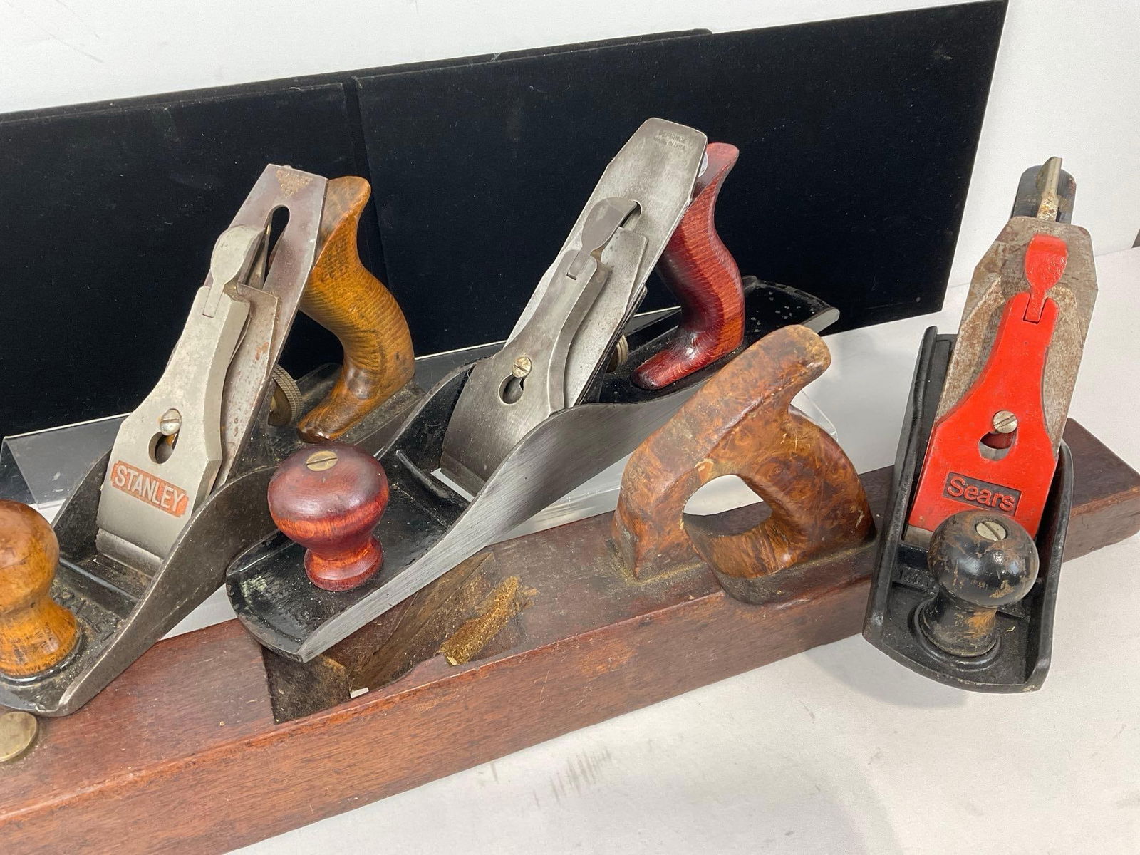 5 Woodworking Planes, Stanley no. 191, & no. 4, Sears, Old Fashioned Wooden, & Unmarked - 3