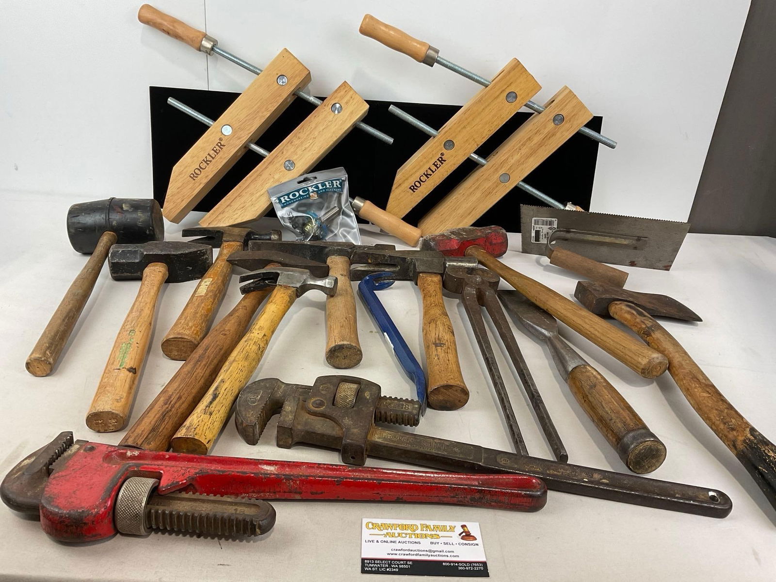 2 12 inch Rockler Handscrew Clamps, 8 Hammers & Mallets, 2 Pipe Wrenches, Chisel, Snips (1 of 5)