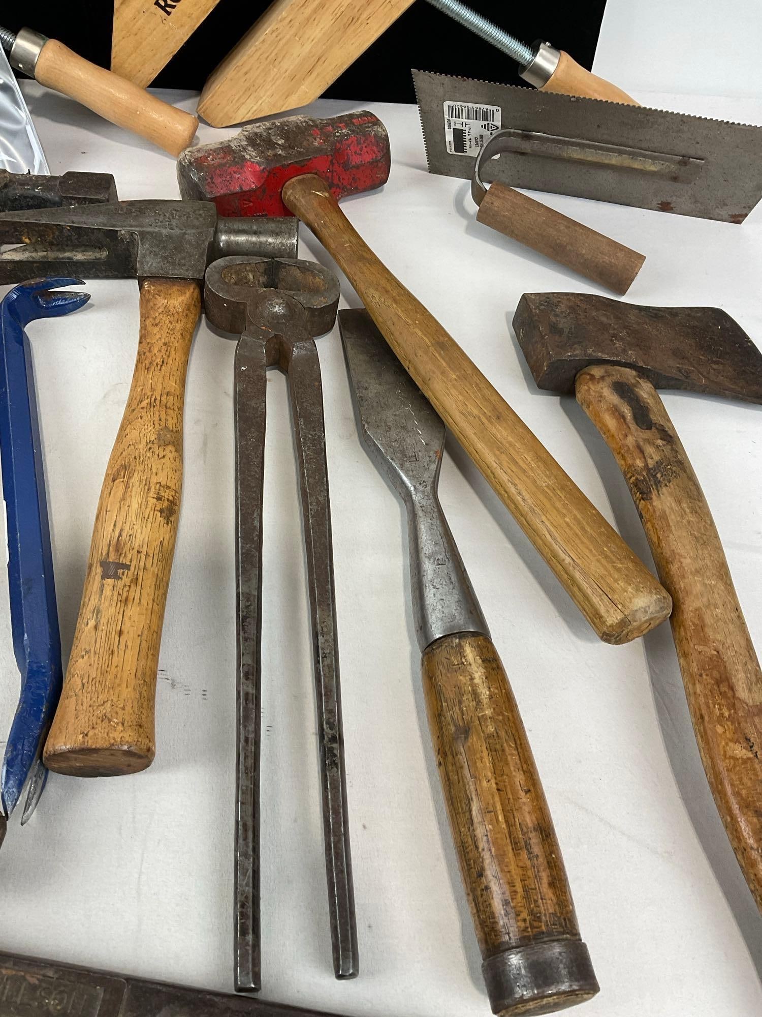 2 12 inch Rockler Handscrew Clamps, 8 Hammers & Mallets, 2 Pipe Wrenches, Chisel, Snips - 3