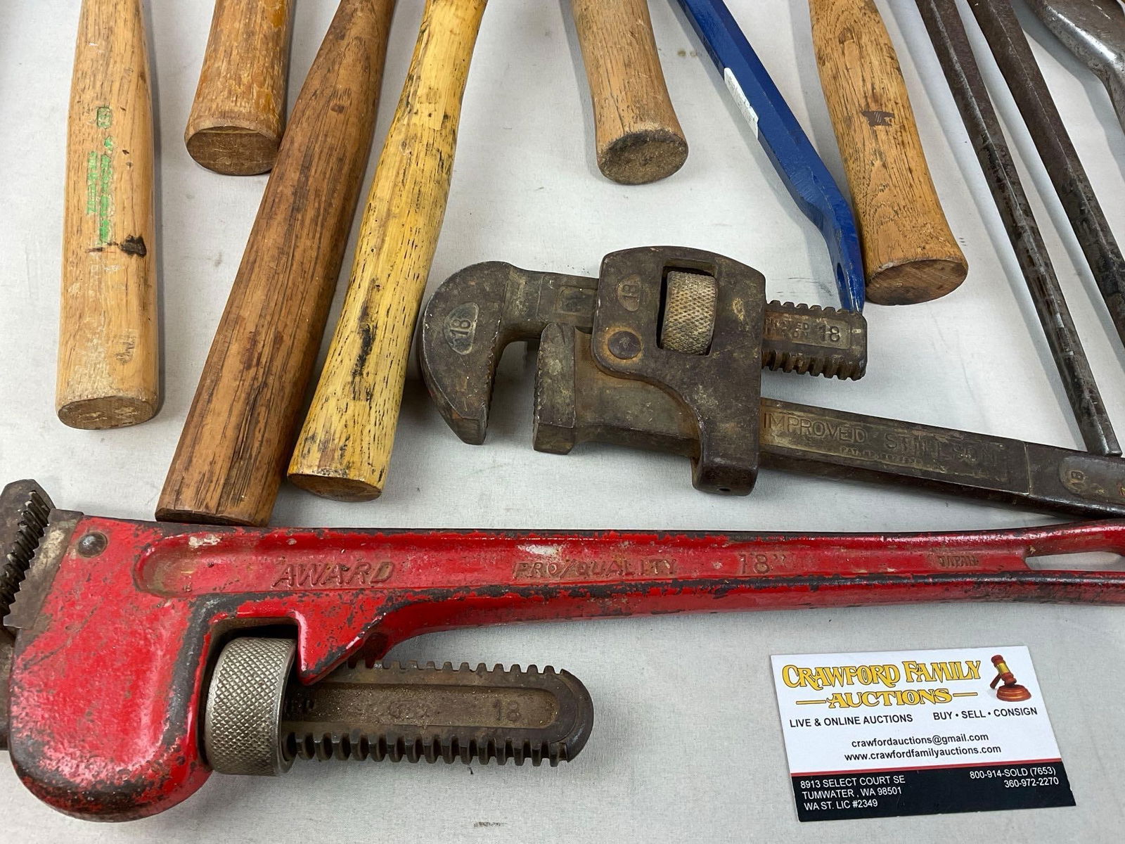 2 12 inch Rockler Handscrew Clamps, 8 Hammers & Mallets, 2 Pipe Wrenches, Chisel, Snips - 4