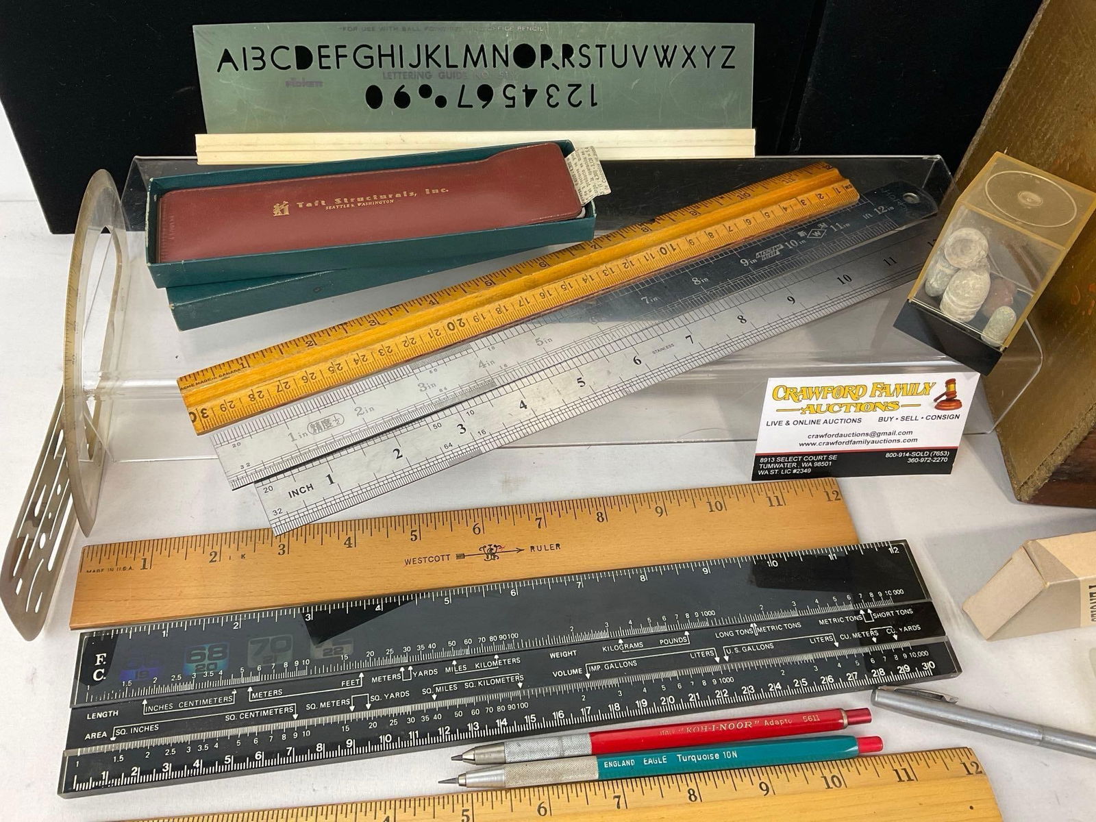 Assorted Drafting, Mechanical Drawing Tools, Rulers, Measuring Tapes, in Vintage Corned Beef Crate - 2