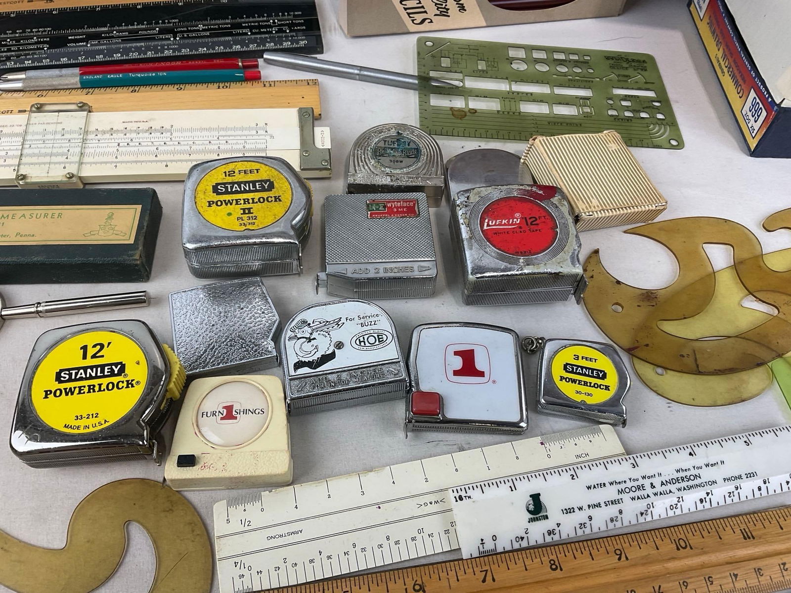 Assorted Drafting, Mechanical Drawing Tools, Rulers, Measuring Tapes, in Vintage Corned Beef Crate - 3