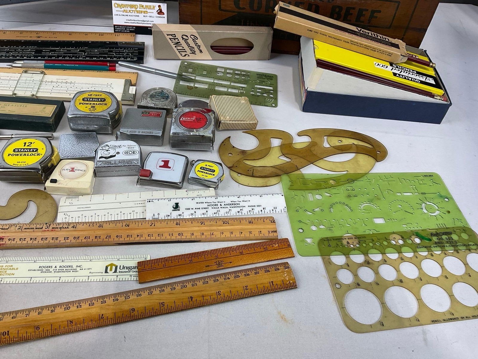 Assorted Drafting, Mechanical Drawing Tools, Rulers, Measuring Tapes, in Vintage Corned Beef Crate - 4
