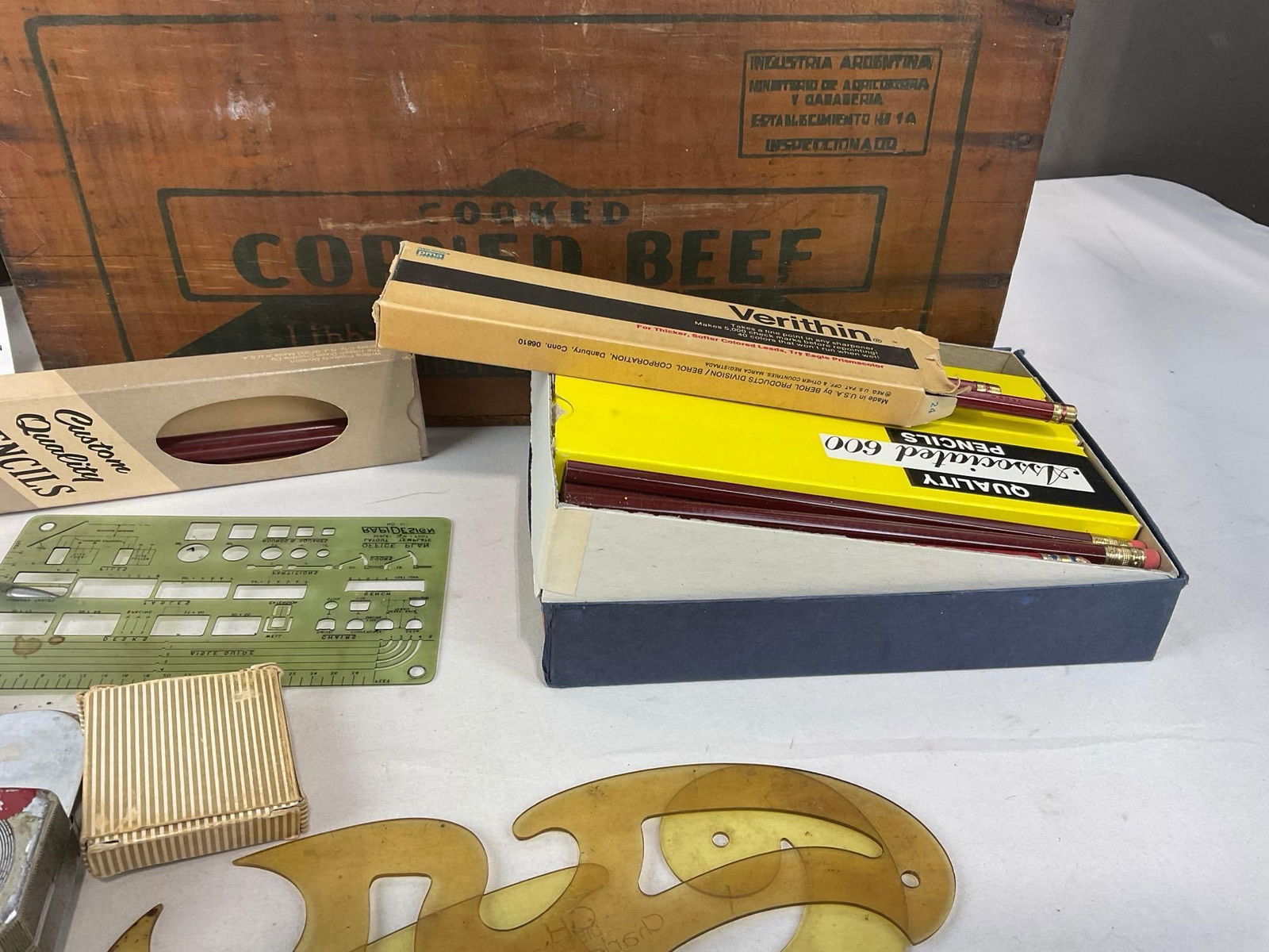 Assorted Drafting, Mechanical Drawing Tools, Rulers, Measuring Tapes, in Vintage Corned Beef Crate - 5