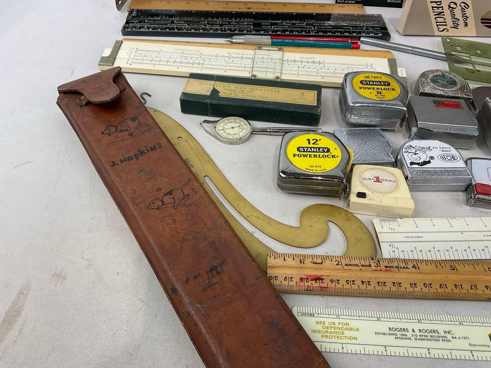 Assorted Drafting, Mechanical Drawing Tools, Rulers, Measuring Tapes, in Vintage Corned Beef Crate - 6