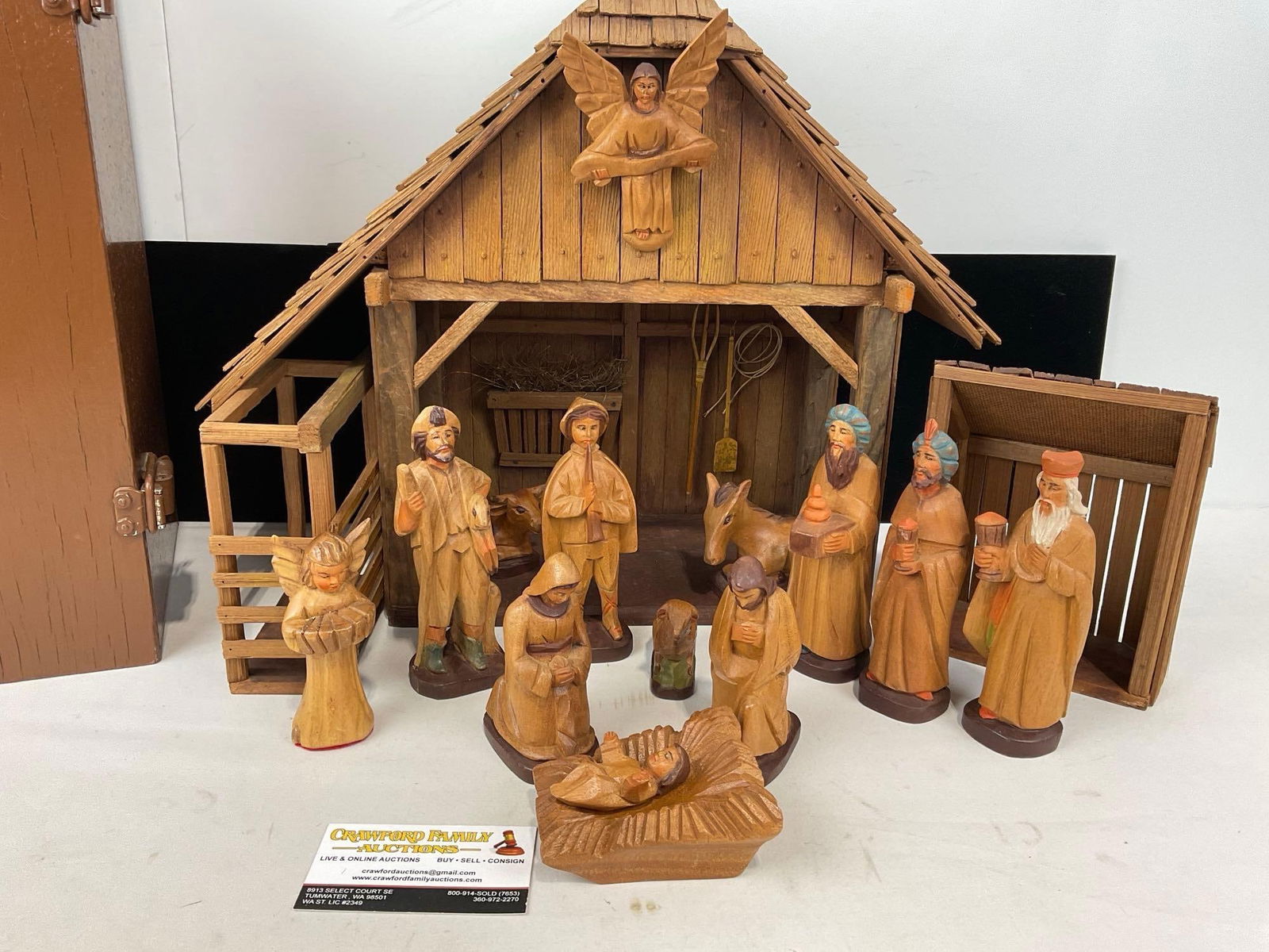 Vintage Nativity in Case, Carved Wooden Biblical Characters, & Barn Animals & Wooden Barn (1 of 4)