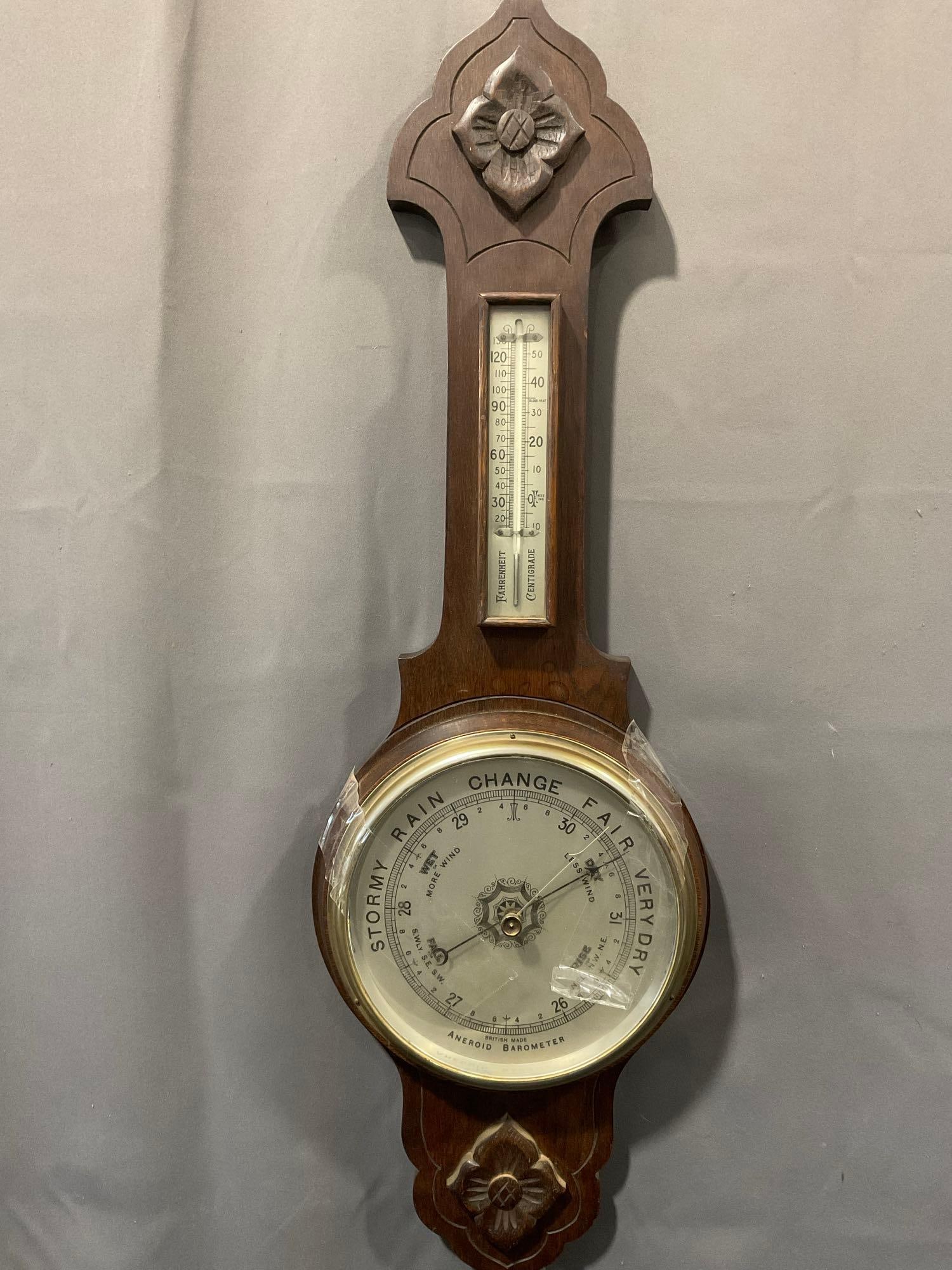Vintage Aneroid Barometer Wall Hanging, 32h x 13w x 5d inches, British Made (1 of 5)