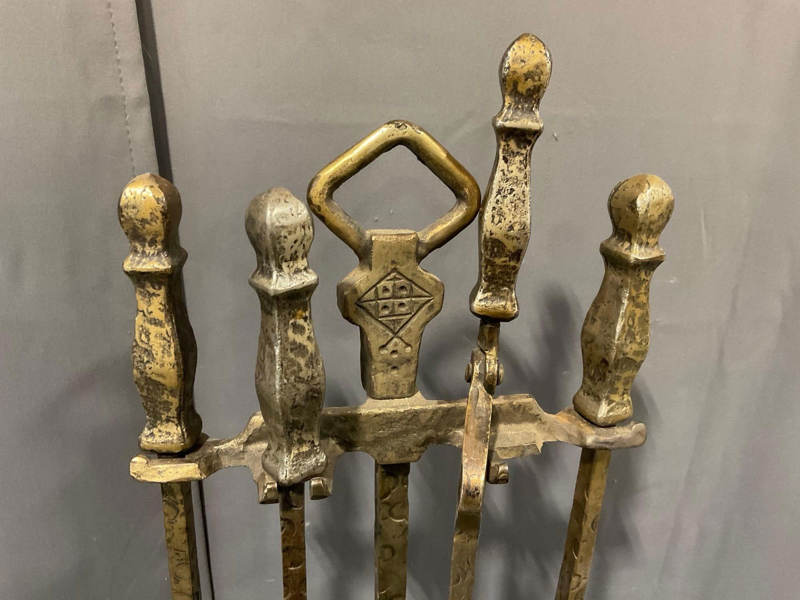 Brass Fireplace Tools w/Rustic Hammered Style, 30h x 12w x 8d, Broom, Poker, Shovel & Tongs - 2