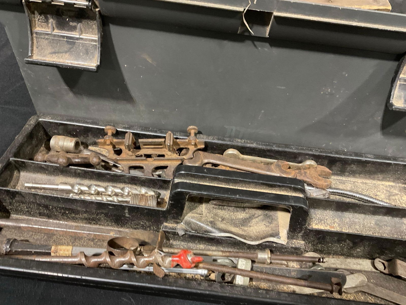 Toolbox w/ Antique Tools, Squares, Shears, Snips, Handdrill, Files, Wrenches & more - 3