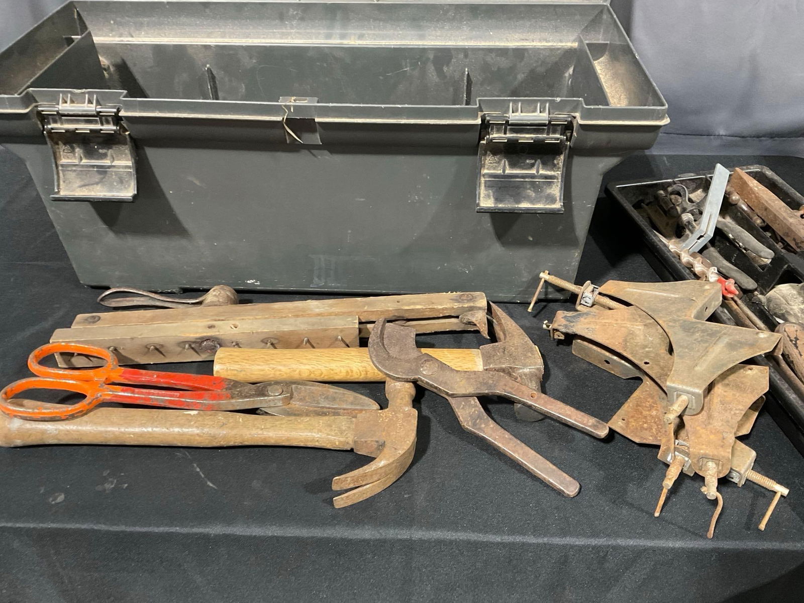 Toolbox w/ Antique Tools, Squares, Shears, Snips, Handdrill, Files, Wrenches & more - 4