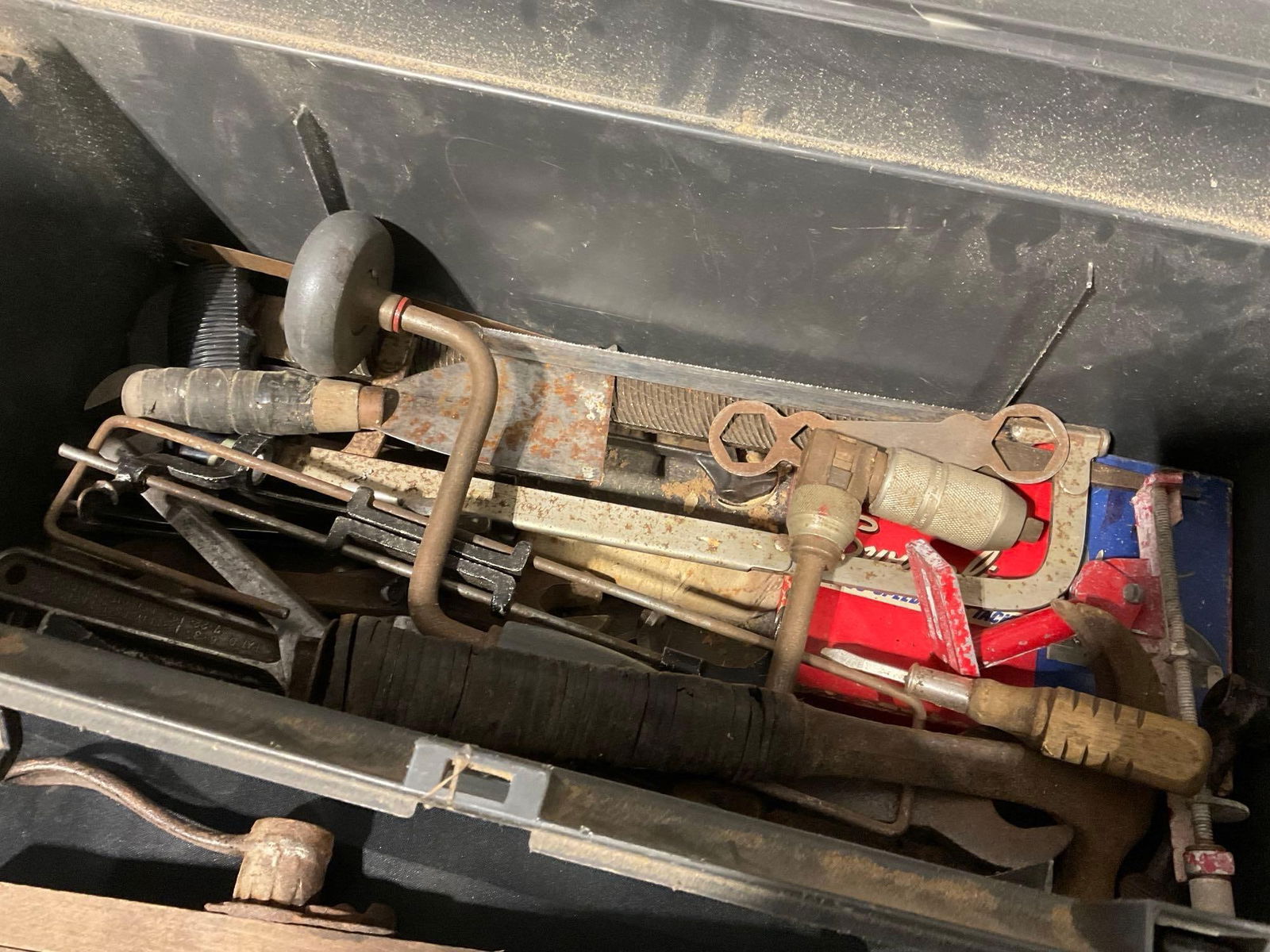 Toolbox w/ Antique Tools, Squares, Shears, Snips, Handdrill, Files, Wrenches & more - 5