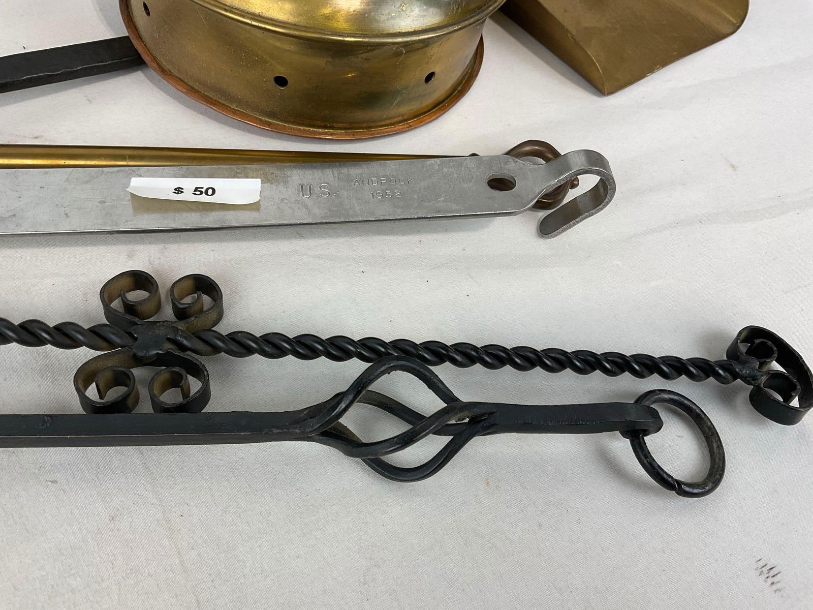 Brass Shovel, Bedwarmer, Large Ladle, Copper & Cast Iron Ladles, & 2 Candle Snuffers - 2