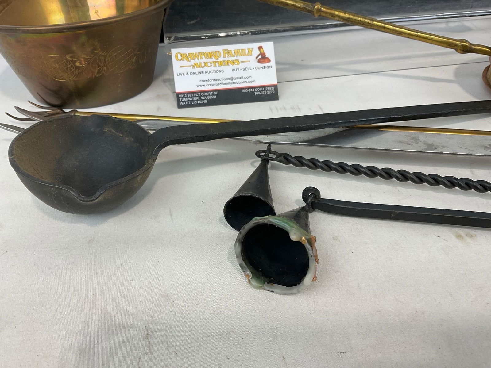 Brass Shovel, Bedwarmer, Large Ladle, Copper & Cast Iron Ladles, & 2 Candle Snuffers - 3