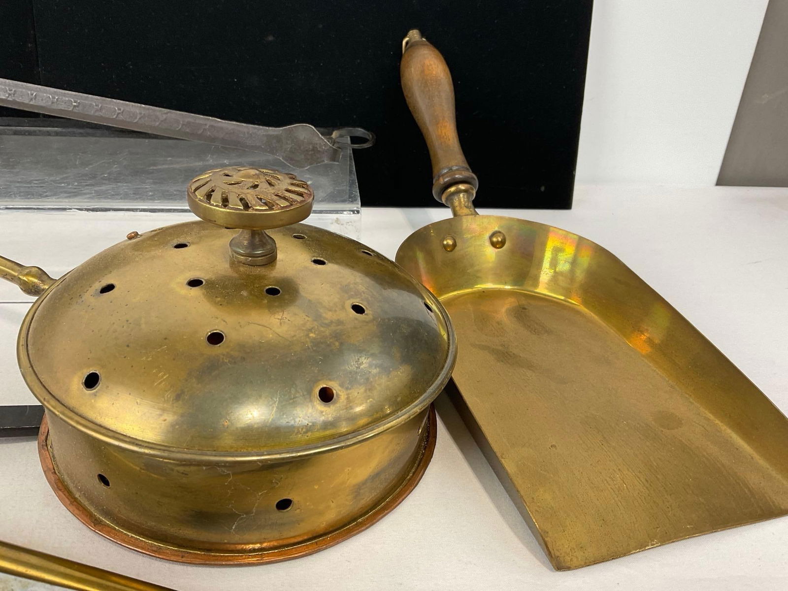 Brass Shovel, Bedwarmer, Large Ladle, Copper & Cast Iron Ladles, & 2 Candle Snuffers - 4