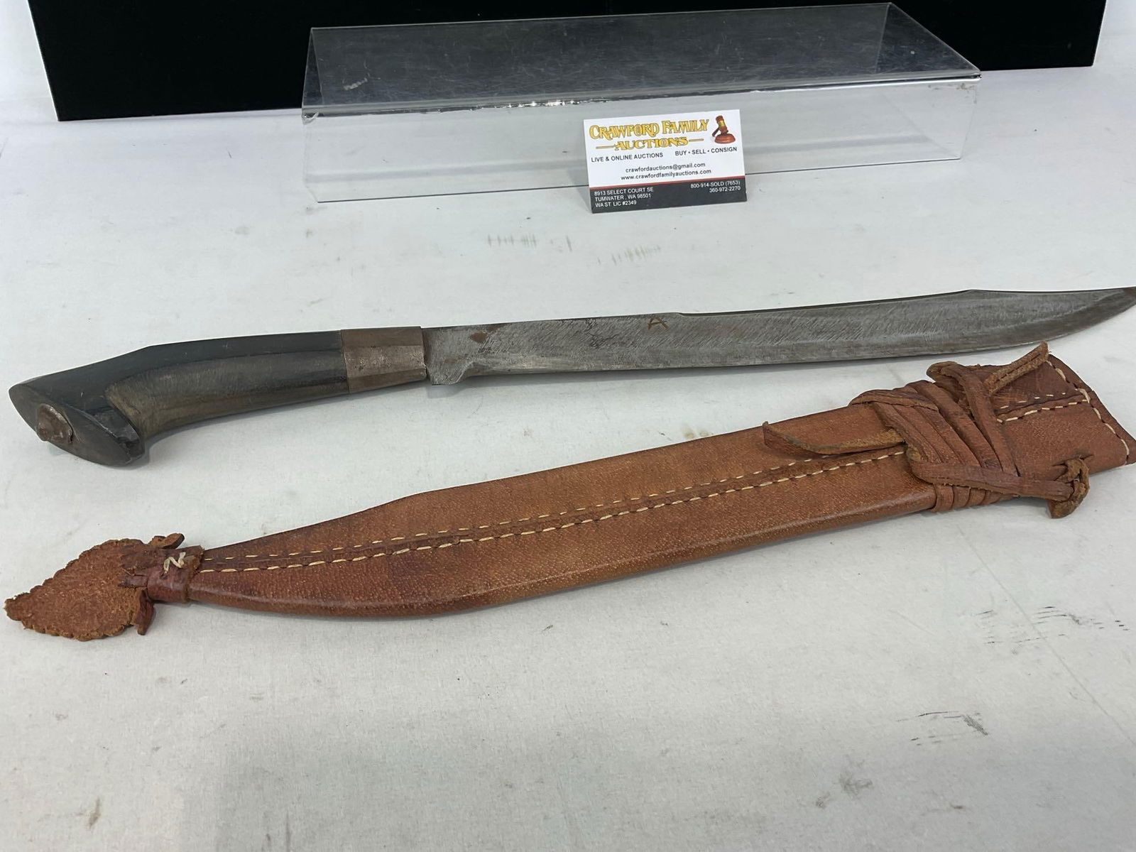 Knife w/ Primitive Chopping Blade, Leather Handmade Sheath, approx 12 inch blade - 6