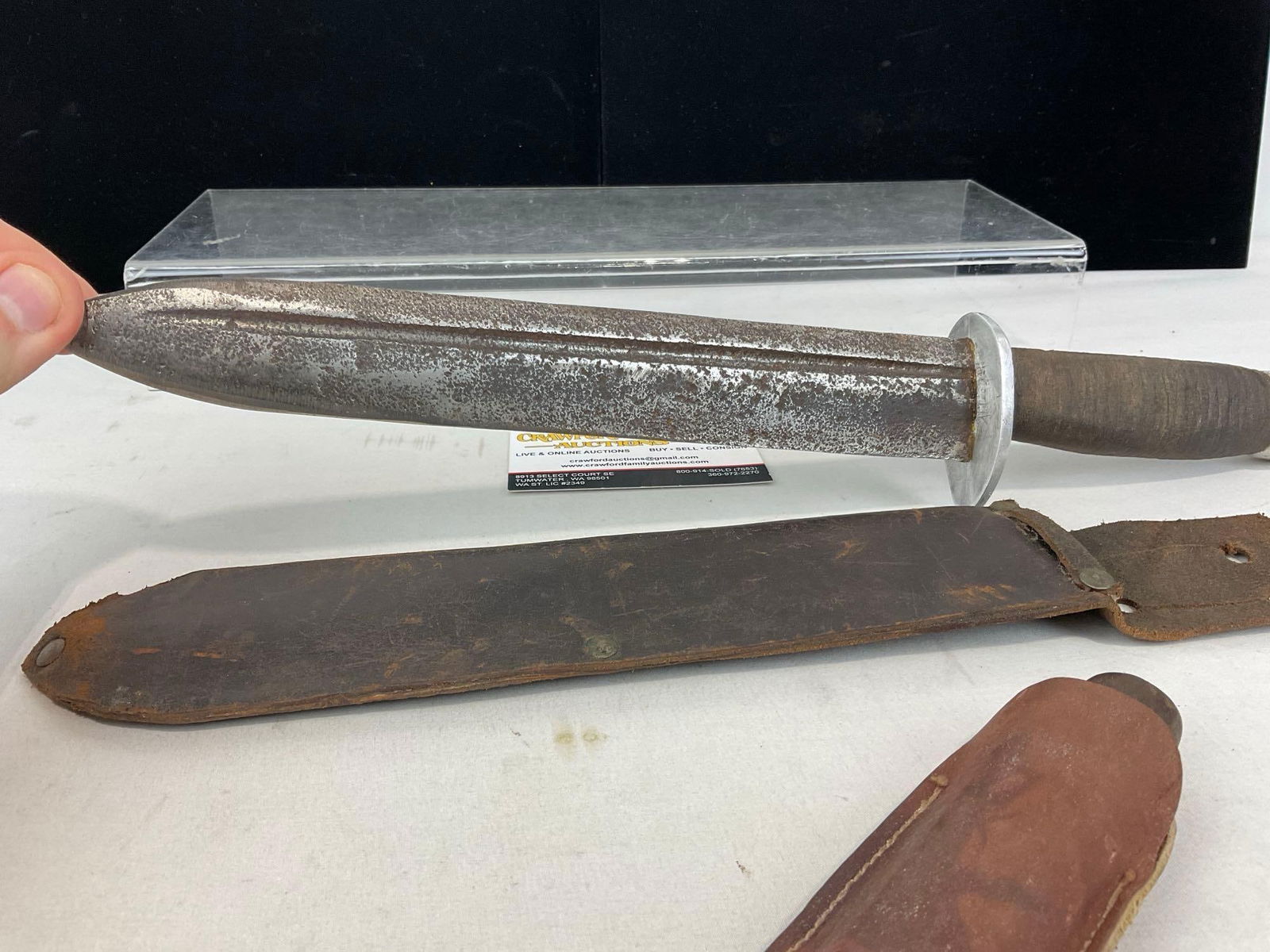 Pair of Primitive Knives, Morakniv Paring Knife & Leather Handle Combat Knife, 13 inch blade - 4