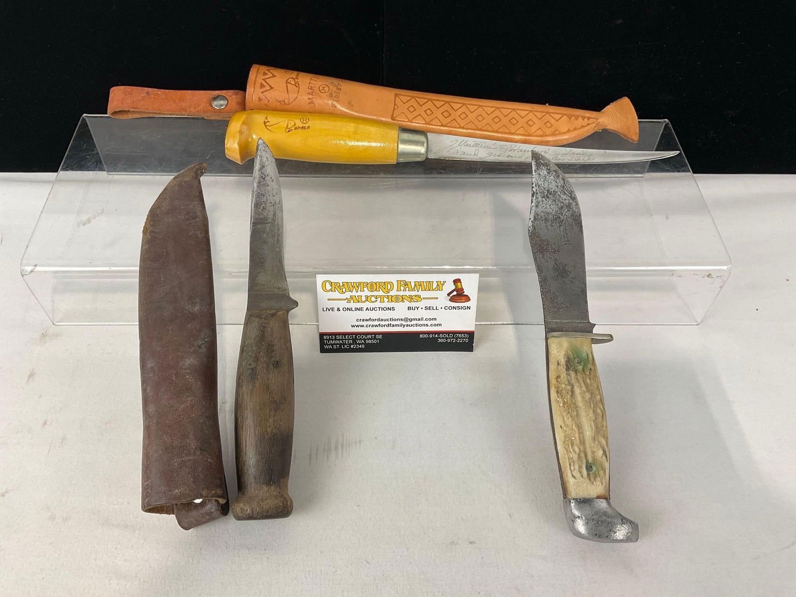 3 Knives, Camillus & Rapala Knives, w/ 2 leather sheaths - 2