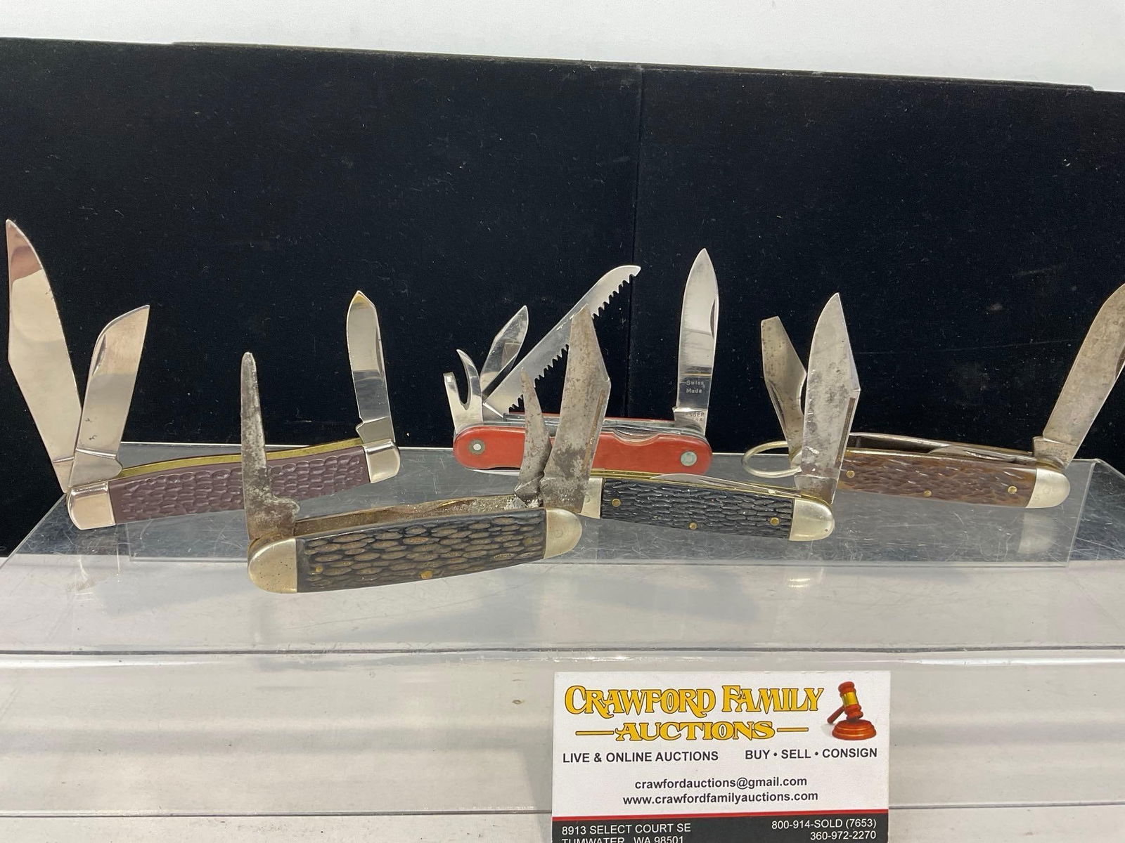 5 Multi Blade Knives, Imperial, Pal Cutlery, Swiss Made Enger, & more: Appears to be in fair to good shape. The piece measures approx 5h x 3w x 3d inches. See pics. E-5360 