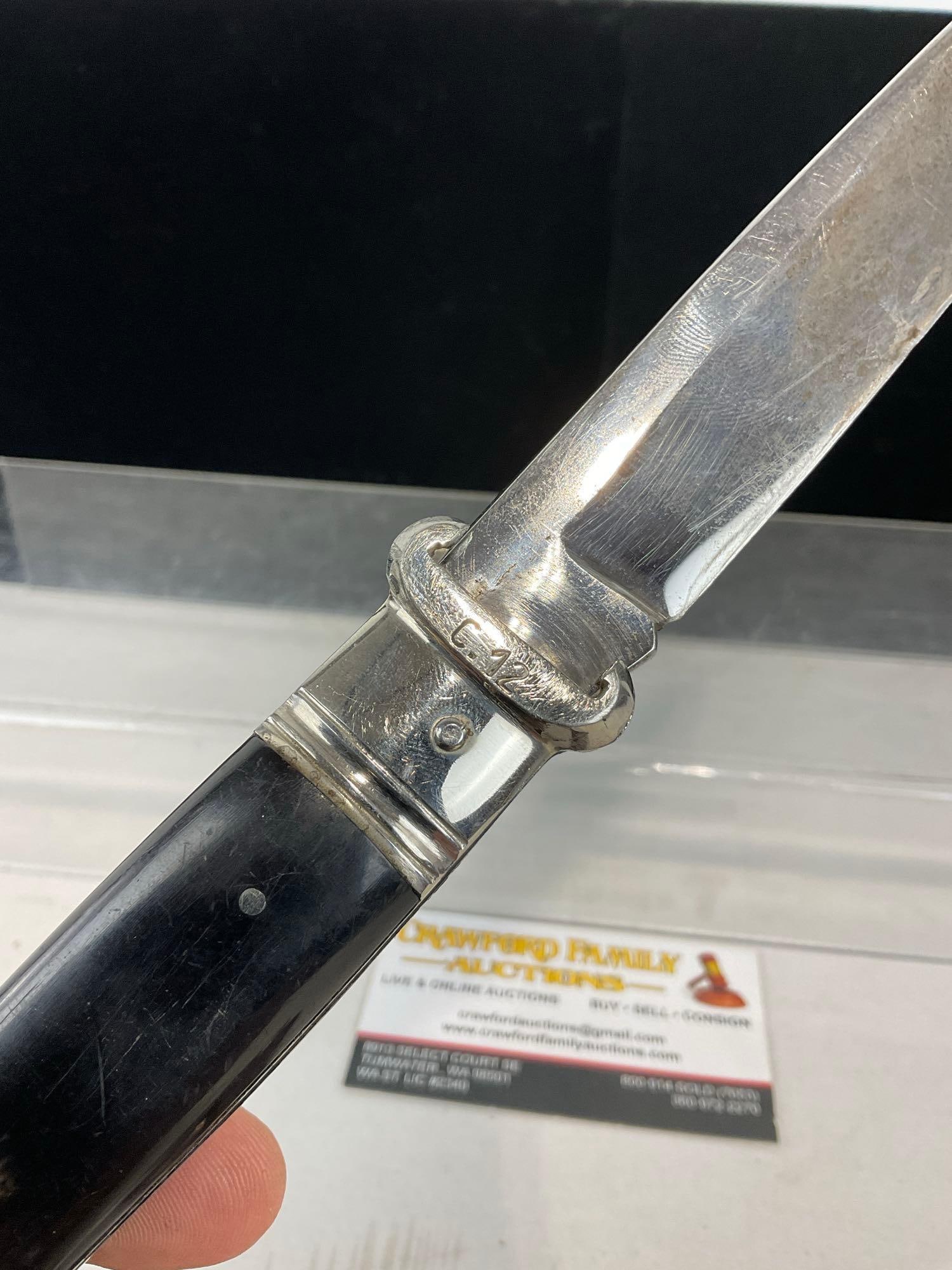 3 Folding Knives, Stiletto & M.Klein & Sons, & Large Aquila piece, w/ Shot Shell Extractor fins - 4