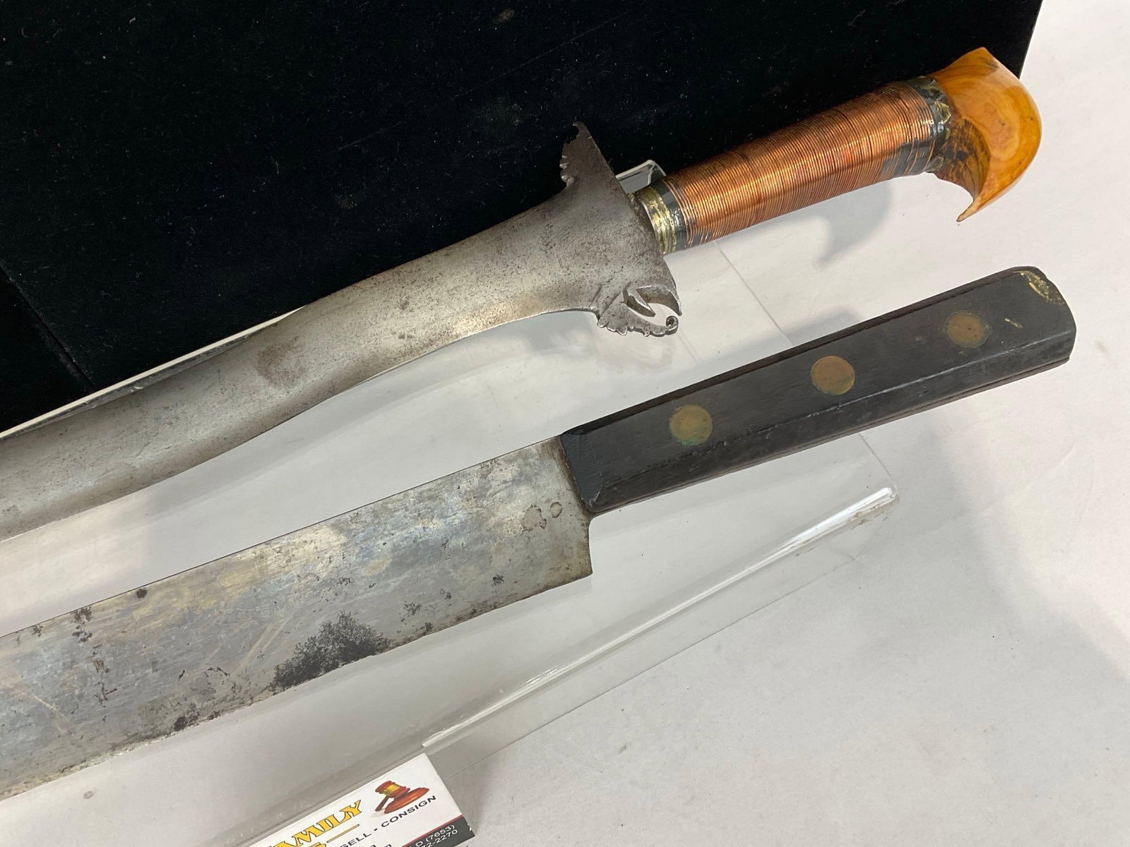 Philippine Moro Kris Knife, Wavy Blade, Copper Wrapped Handle, & Long Slicing Knife - 3