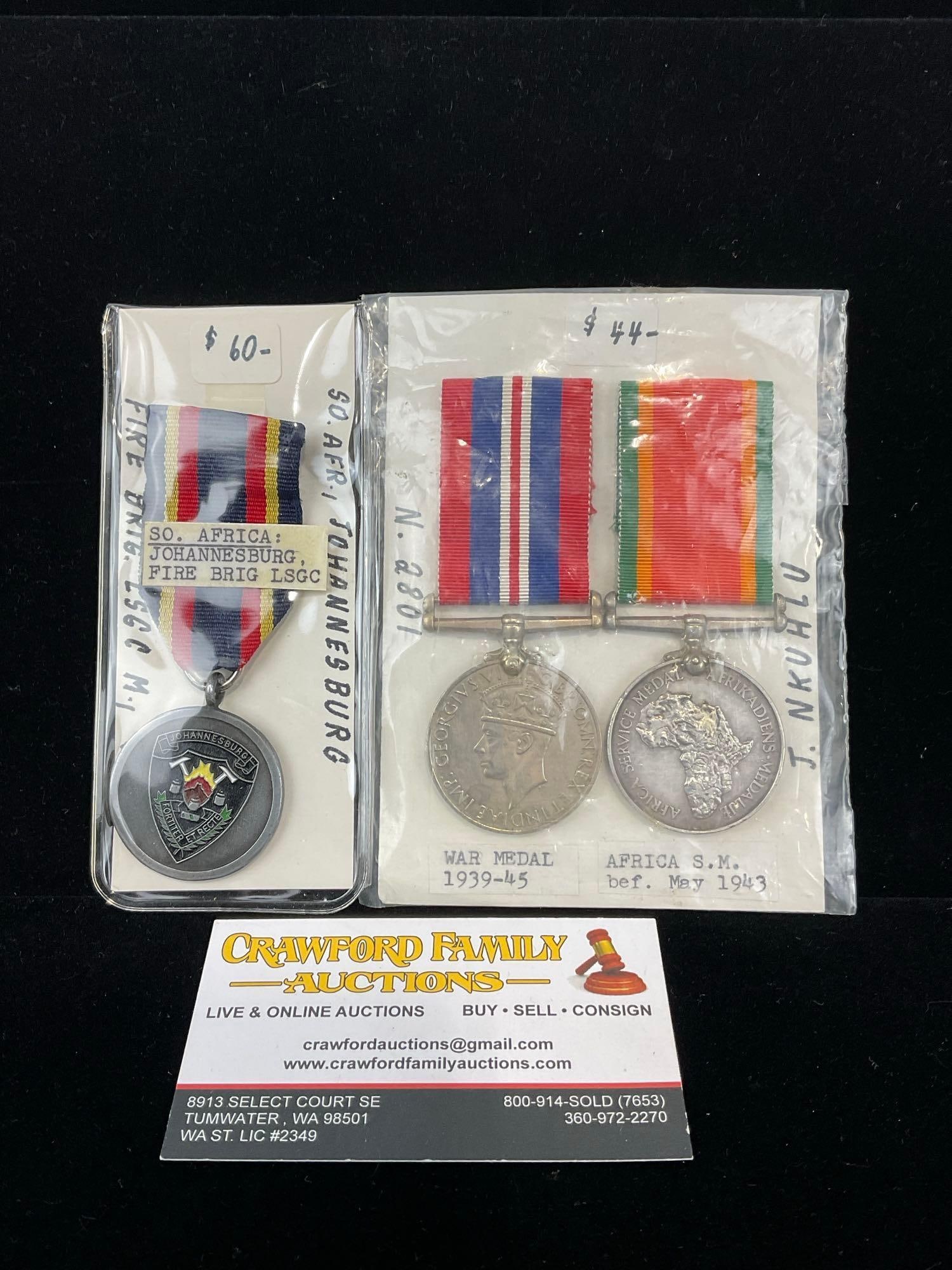 Three South African Medals, Joburg Fire Brig LSGC, War Medal 1939-45 & Africa Service Medal pre 1... (1 of 3)