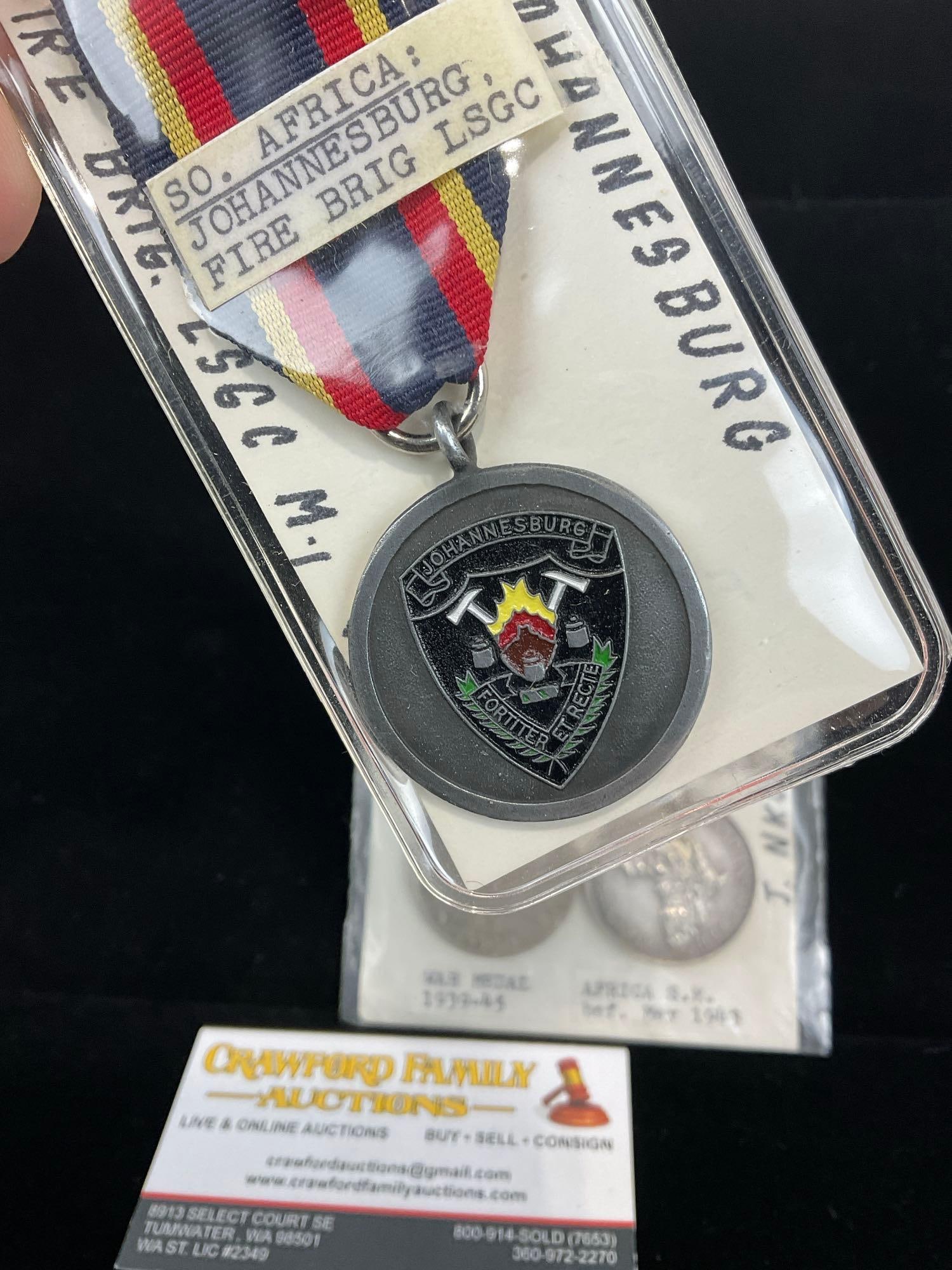 Three South African Medals, Joburg Fire Brig LSGC, War Medal 1939-45 & Africa Service Medal pre 1... - 2