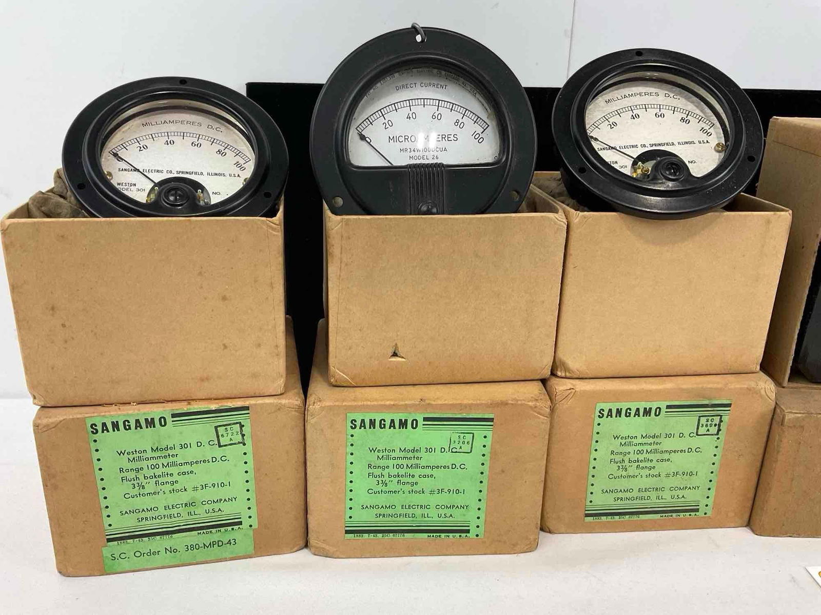 7 Vintage Meters in original boxes, 2x Standco Freq, Triplett Voltimeter, 3x Sangamo Milliammeters - 2