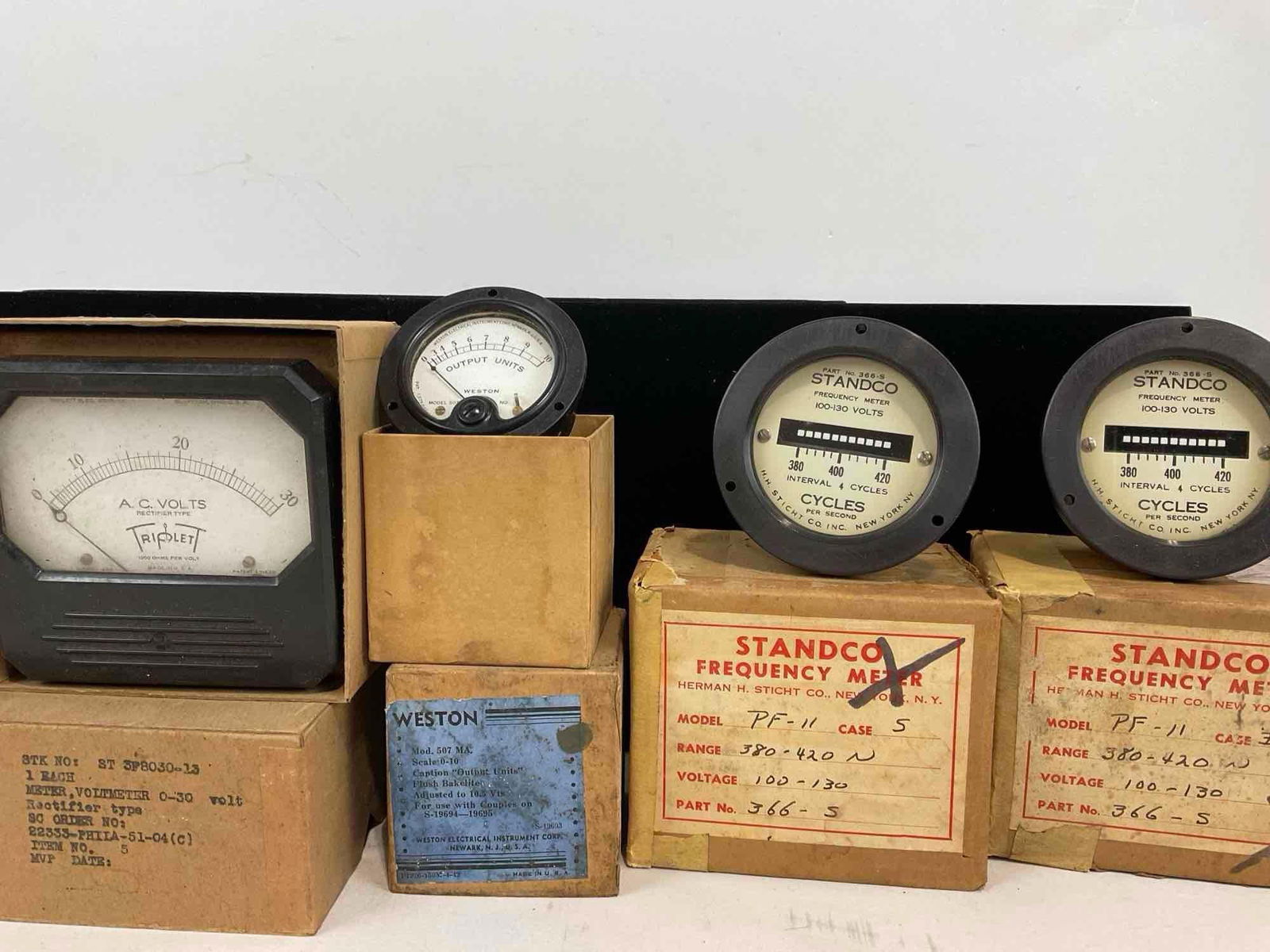 7 Vintage Meters in original boxes, 2x Standco Freq, Triplett Voltimeter, 3x Sangamo Milliammeters - 3