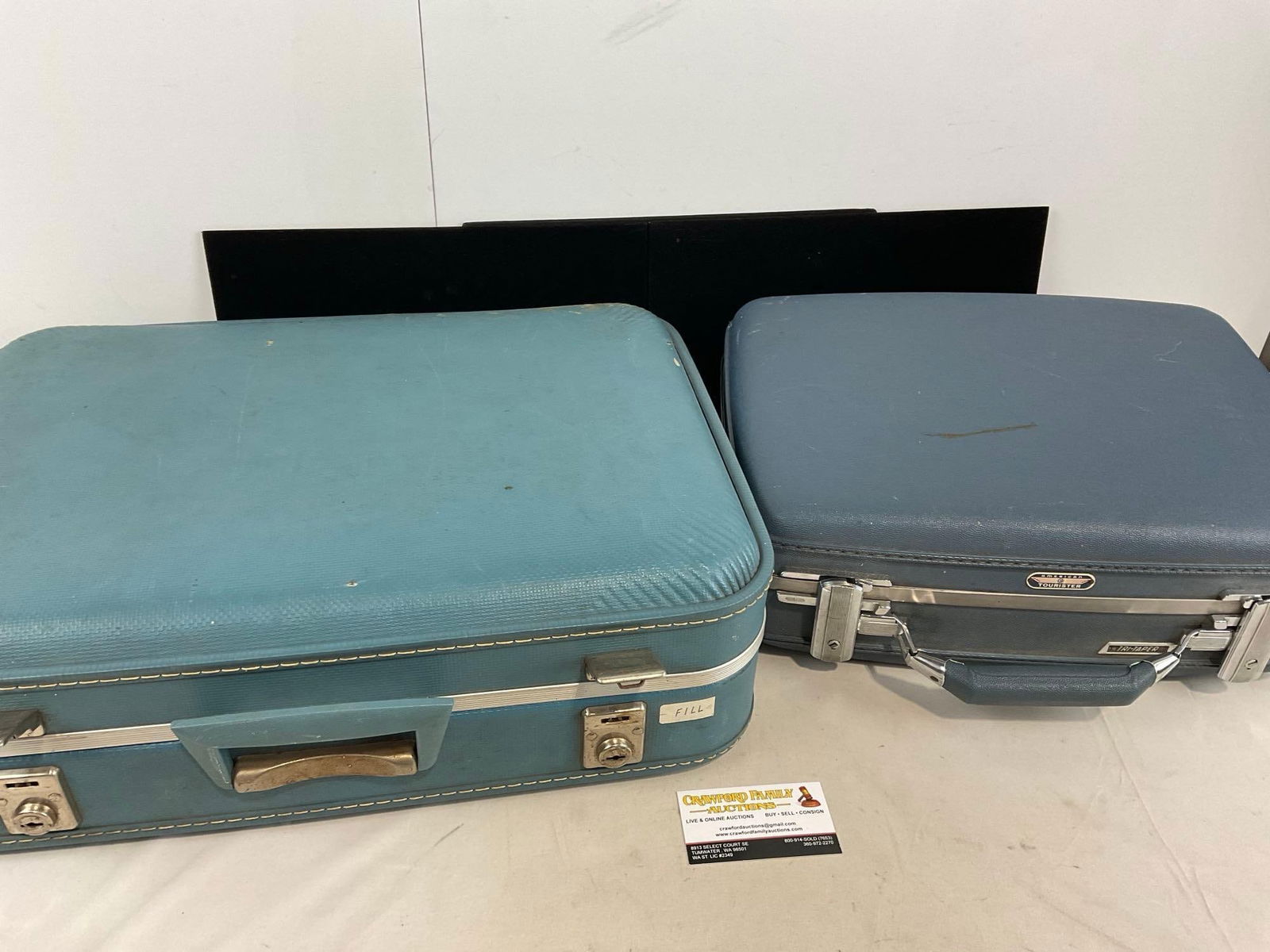 Pair of Blue Vintage Suitcases, Amelia Earhart Blue & American Tourister, some wear - 2