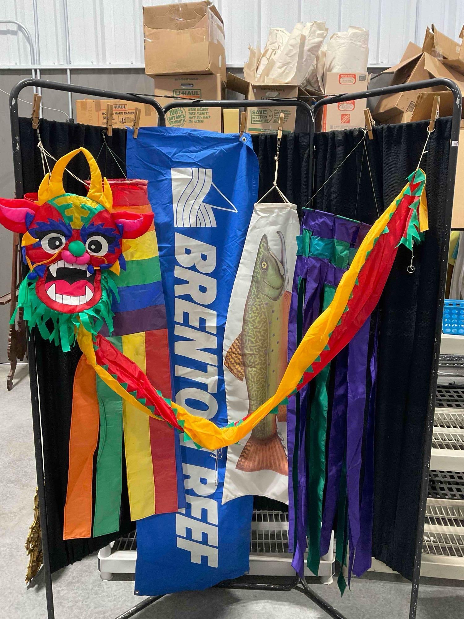 6 pcs Fun Colorful Nylon Flags/Banners/Wind Socks/Porch Decor, incl. Rainbow & Dragon!: 6 pcs Fun Colorful Nylon Flags/Banners/Wind Socks/Porch Decor, incl. Rainbow & Dragon! One has minor stains, condition is otherwise very good. All fit in box measuring 9" x 11" x 8" DM-5360 