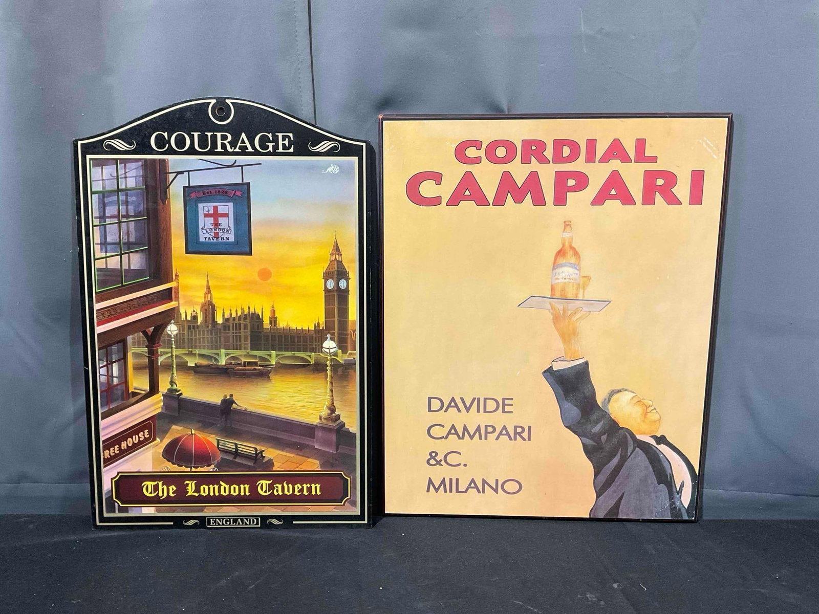2 pcs Vintage Liquor Advertisement Wood Signs, incl. Pub World The London Tavern & Campari. (1 of 4)