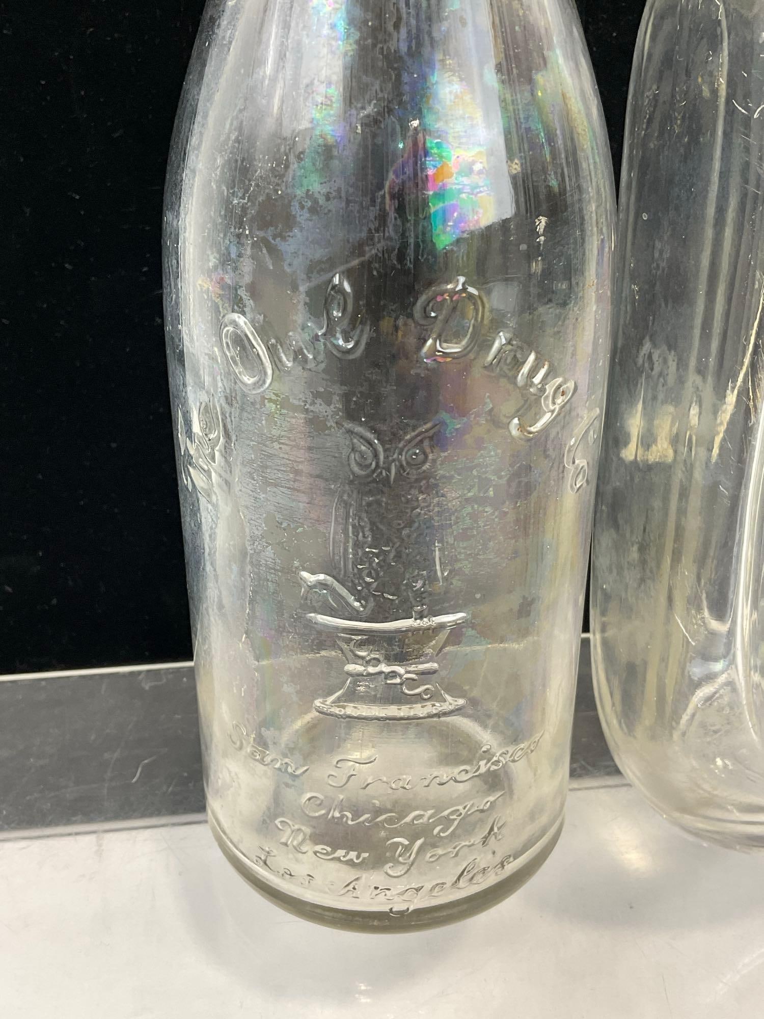Pair of The Owl Drug Bottles, Clear Medicine Bottles, 11h x 6w x 4d inches - 3