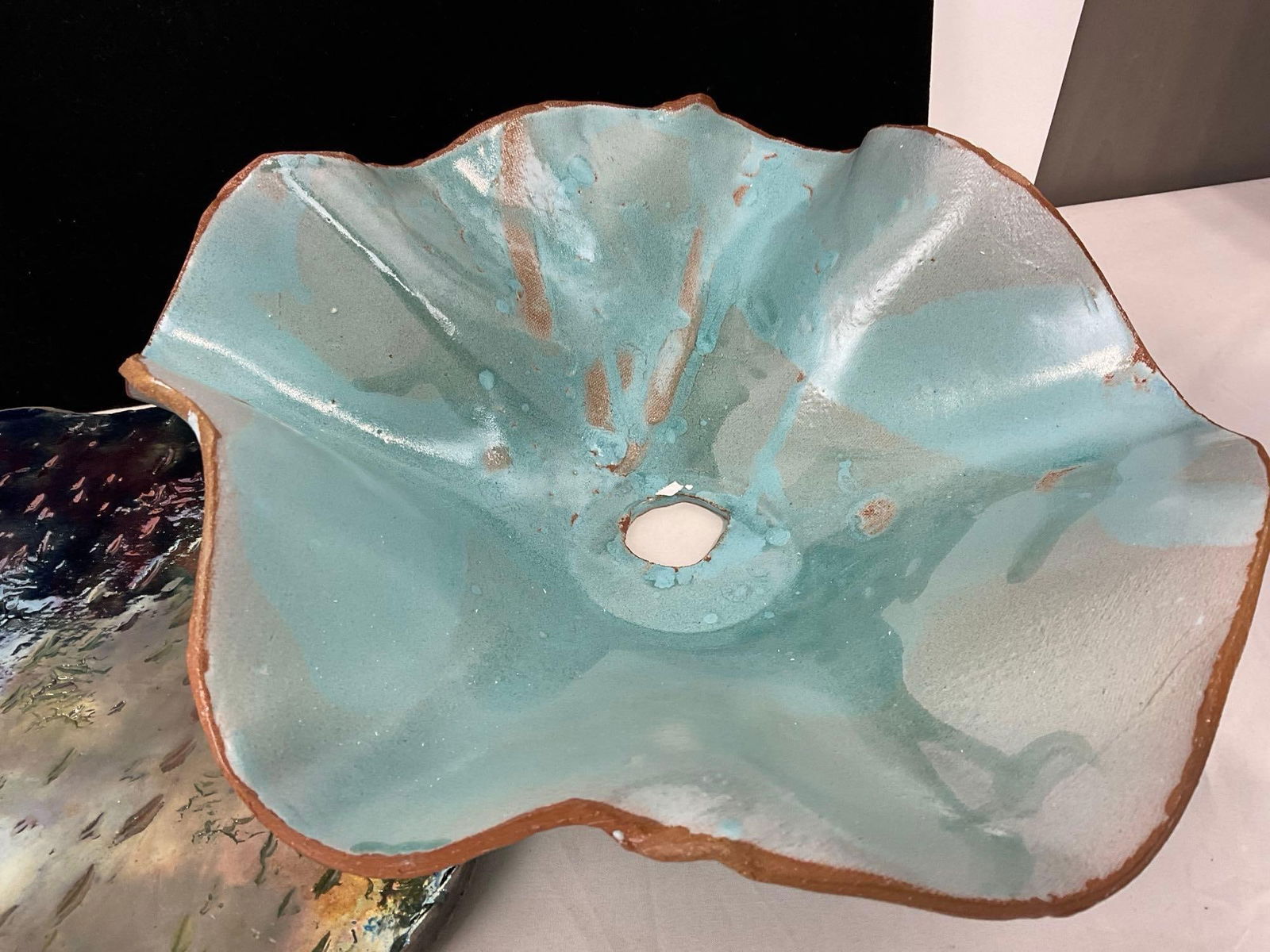 Raku Fired Base & Basin for Fountain, approx 6h x 14w x 15d inches - 3