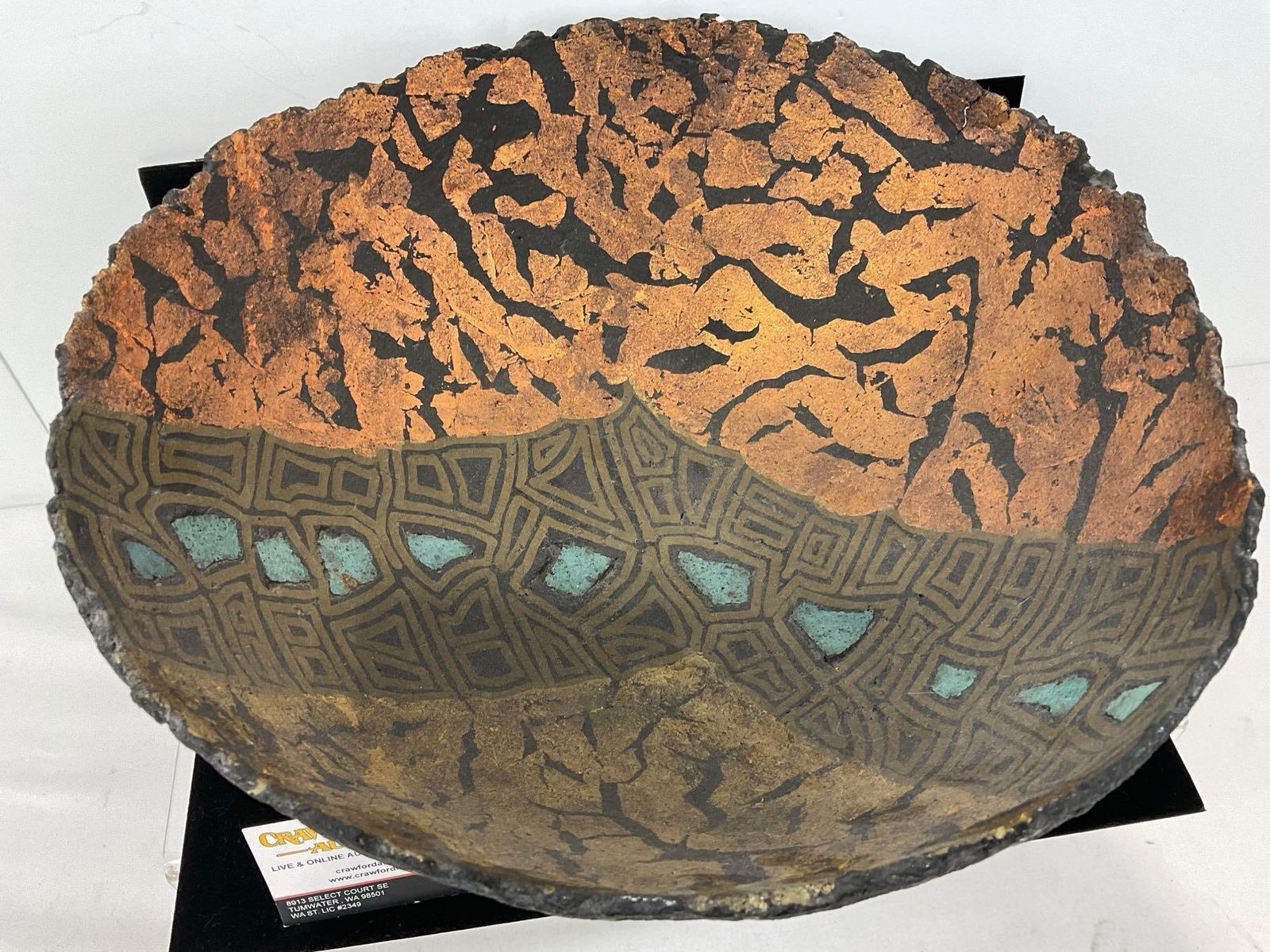Signed Art Papier Mache Bowl w/ Three River Rock Feet, 9 Hoff 94, 8h x 12w x 13d inches - 2