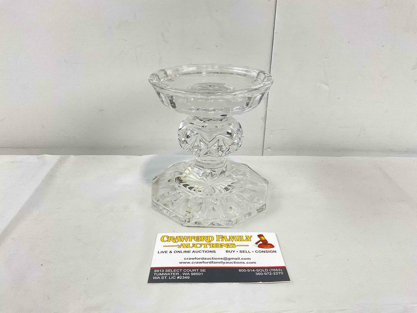Waterford Bedford Lead Crystal Glass Footed Pillar Candle Holder. Excellent Condition. See pics.: Waterford Bedford Lead Crystal Glass Footed Pillar Candle Holder. Excellent Condition. Minor dirt on bottom, could be cleaned, still has original tag, condition is excellent. Measures 5" x 5" x 6"