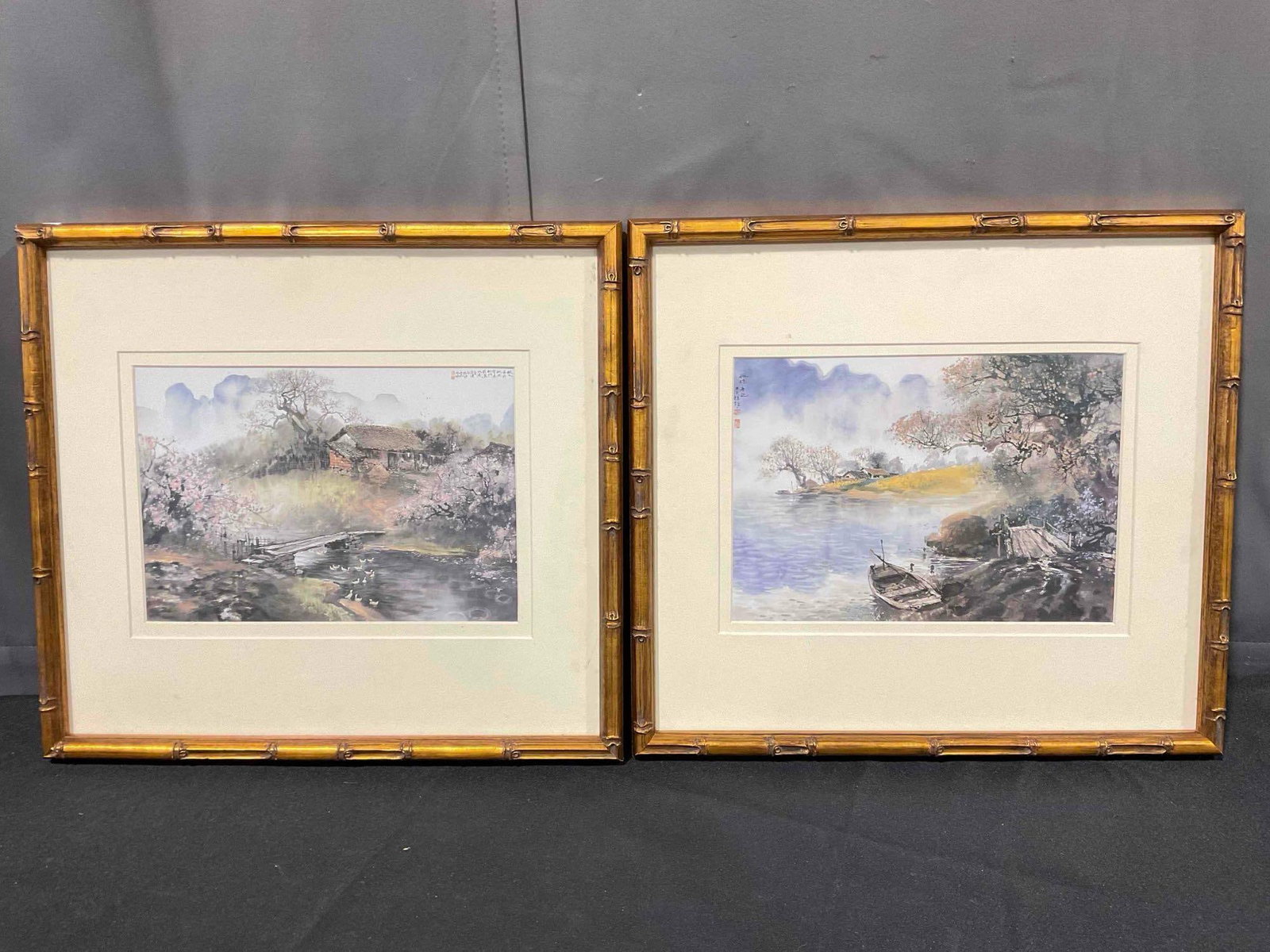 2 pcs Framed Prints of Watercolor Paintings w/ Asian Blossoming Trees Motif. See pics. (1 of 8)