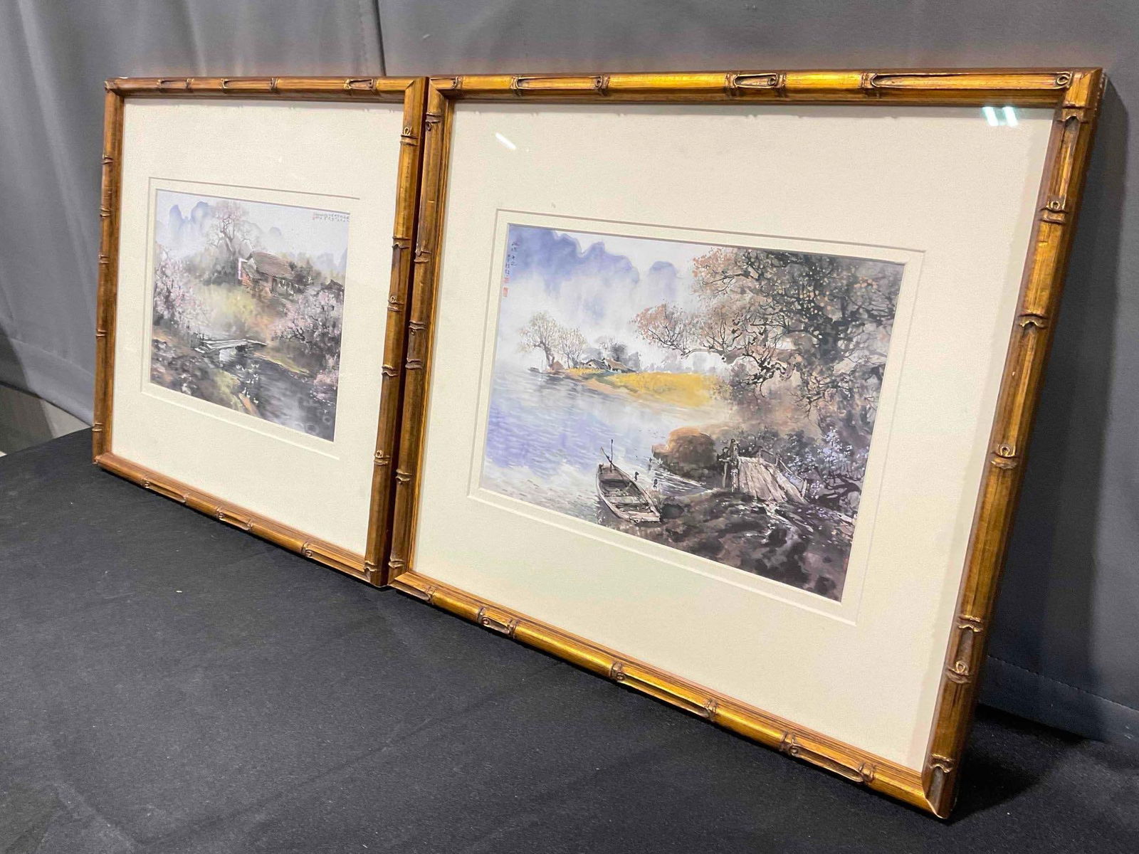 2 pcs Framed Prints of Watercolor Paintings w/ Asian Blossoming Trees Motif. See pics. - 2