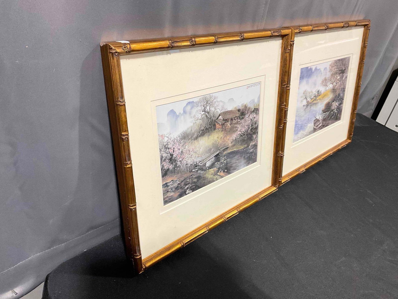 2 pcs Framed Prints of Watercolor Paintings w/ Asian Blossoming Trees Motif. See pics. - 3