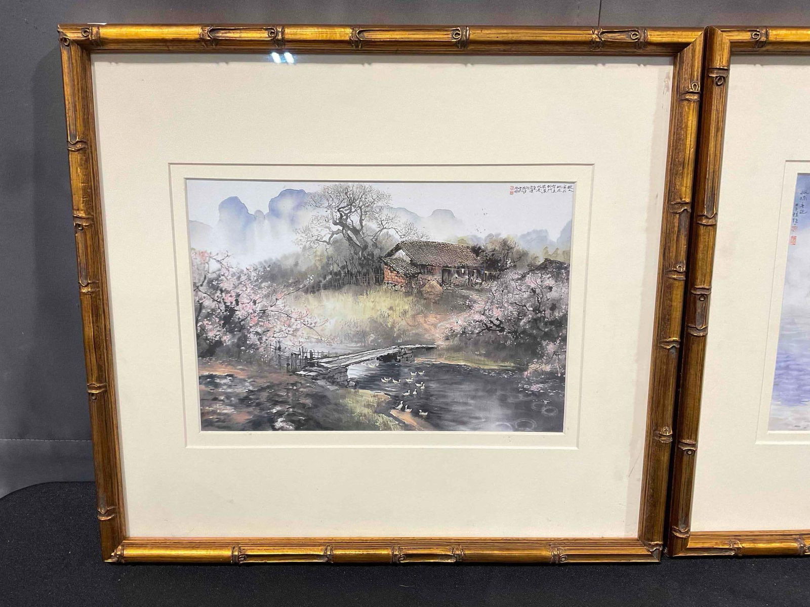 2 pcs Framed Prints of Watercolor Paintings w/ Asian Blossoming Trees Motif. See pics. - 4